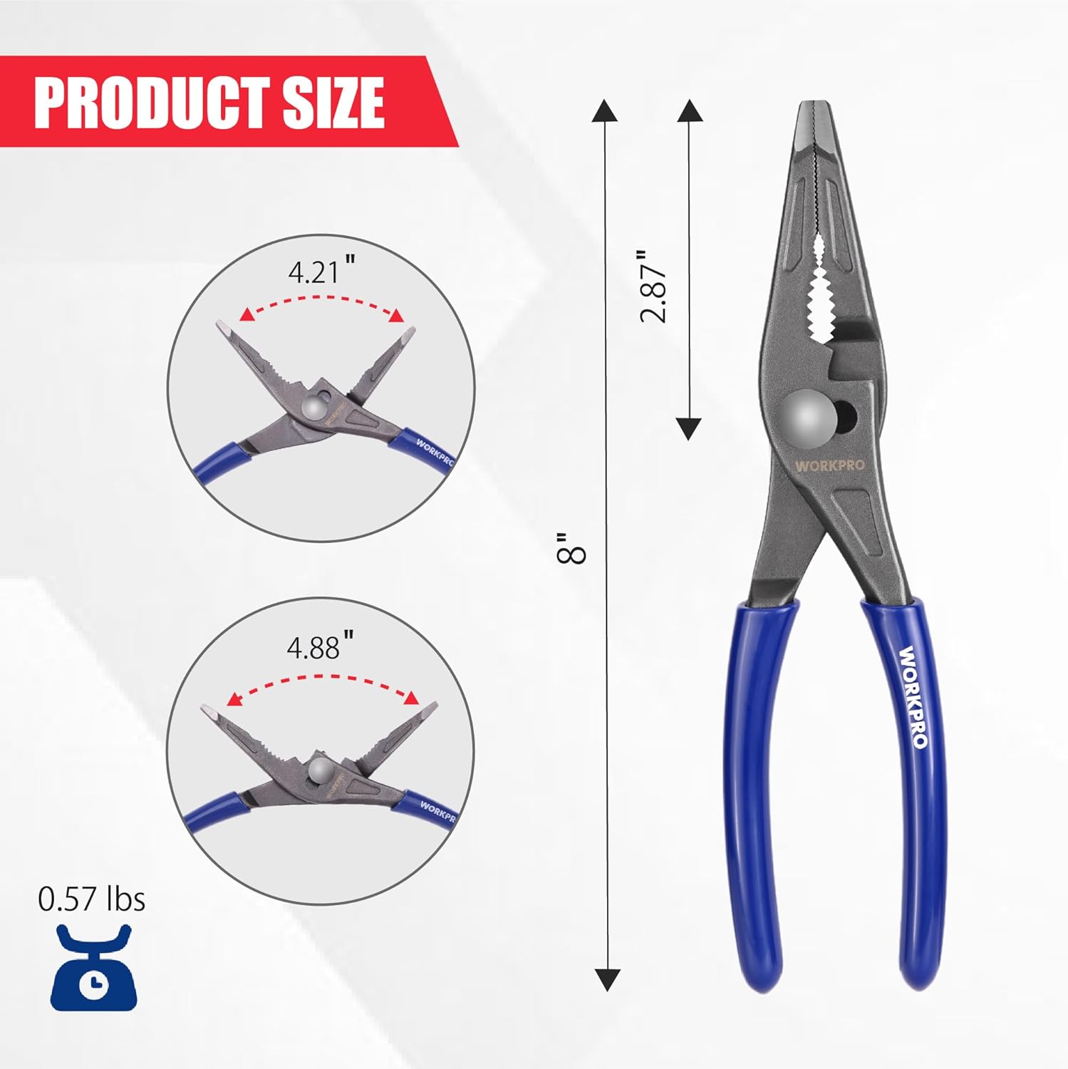 Long nose slip joint pliers with blue grips and pointed serrated jaws