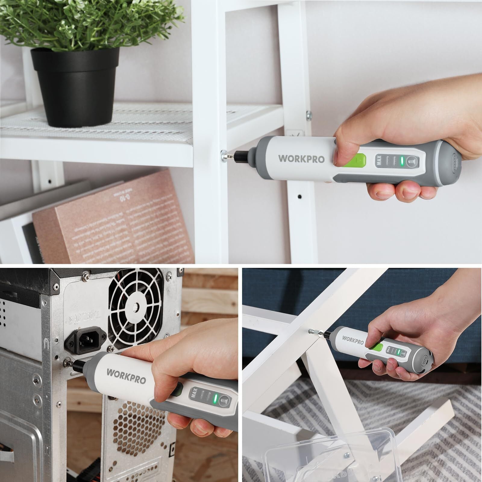WORKPRO 4V cordless electric screwdriver in white and gray with LED work light and automatic low power mode after 60 seconds idle