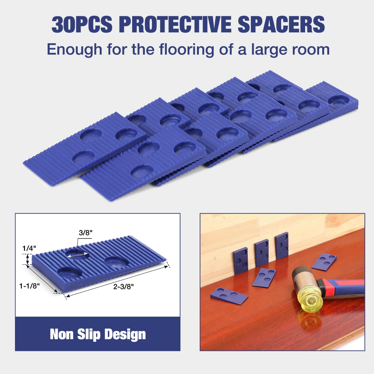 Blue protective laminate flooring spacers, 30-piece set with non-slip design