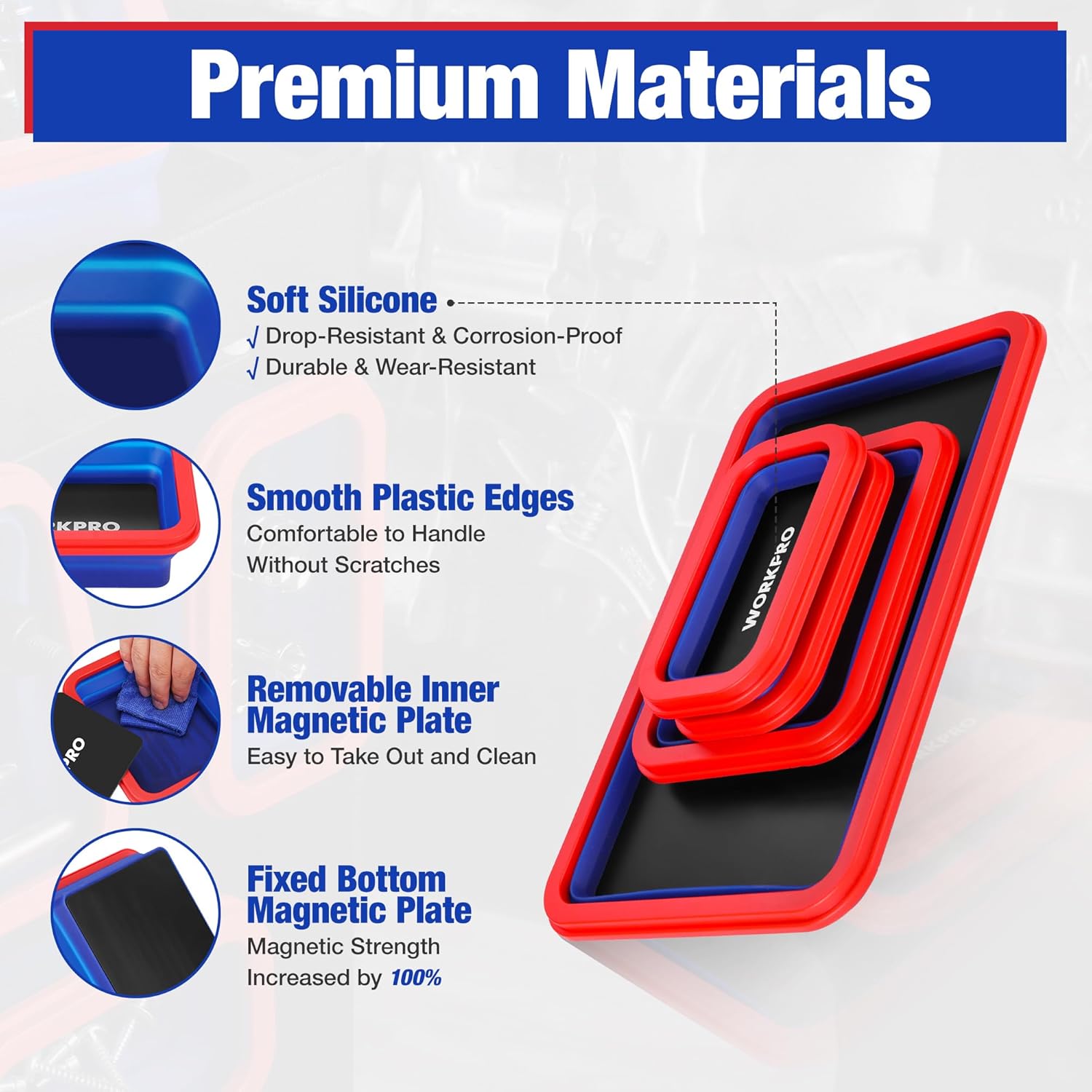 Red and blue tool trays with soft silicone edges and removable inner plate