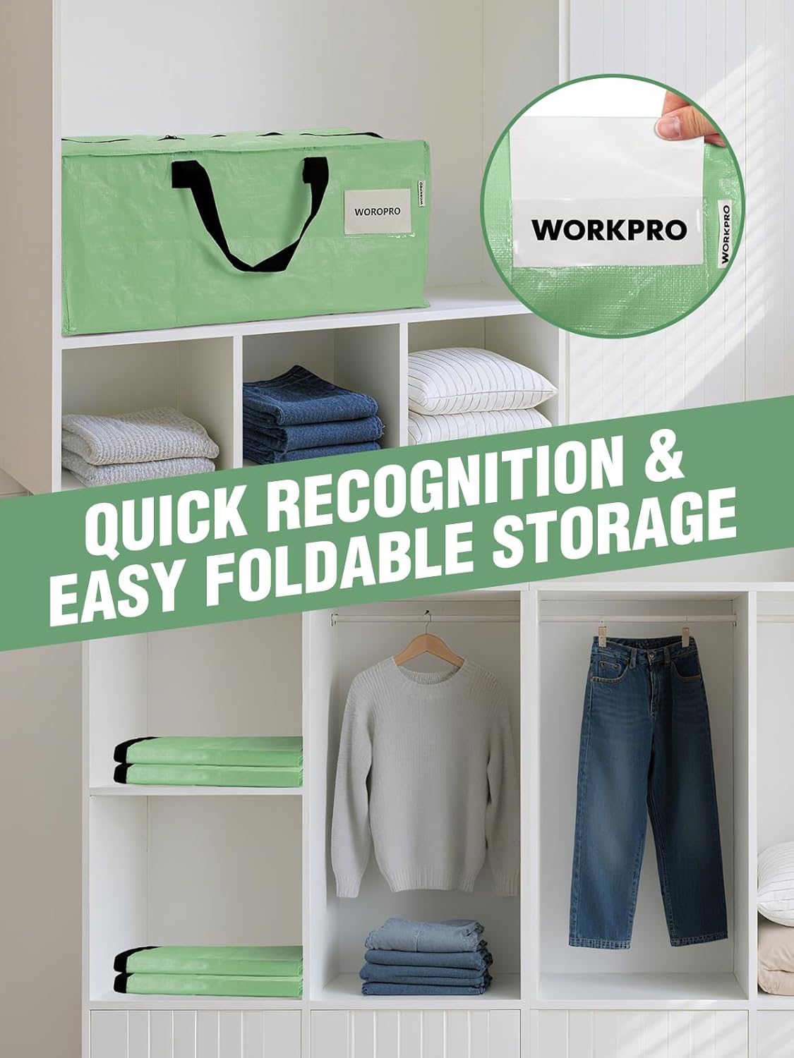 Green foldable storage tote with black handles, shown on shelving with clothes