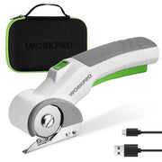 Cordless electric scissors in white with green accents, with black zip carrying case