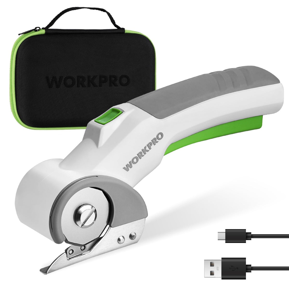 Cordless electric scissors in white with green accents, with black zip carrying case