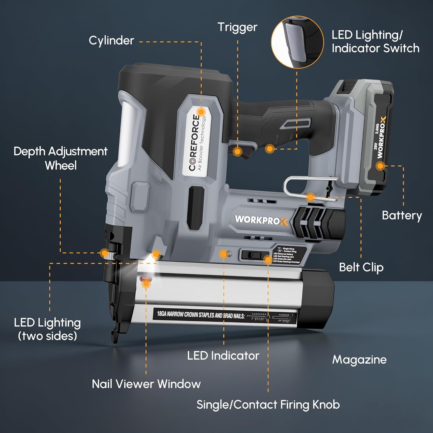 Cordless brad nailer parts diagram with trigger, depth wheel, belt clip, and LED light