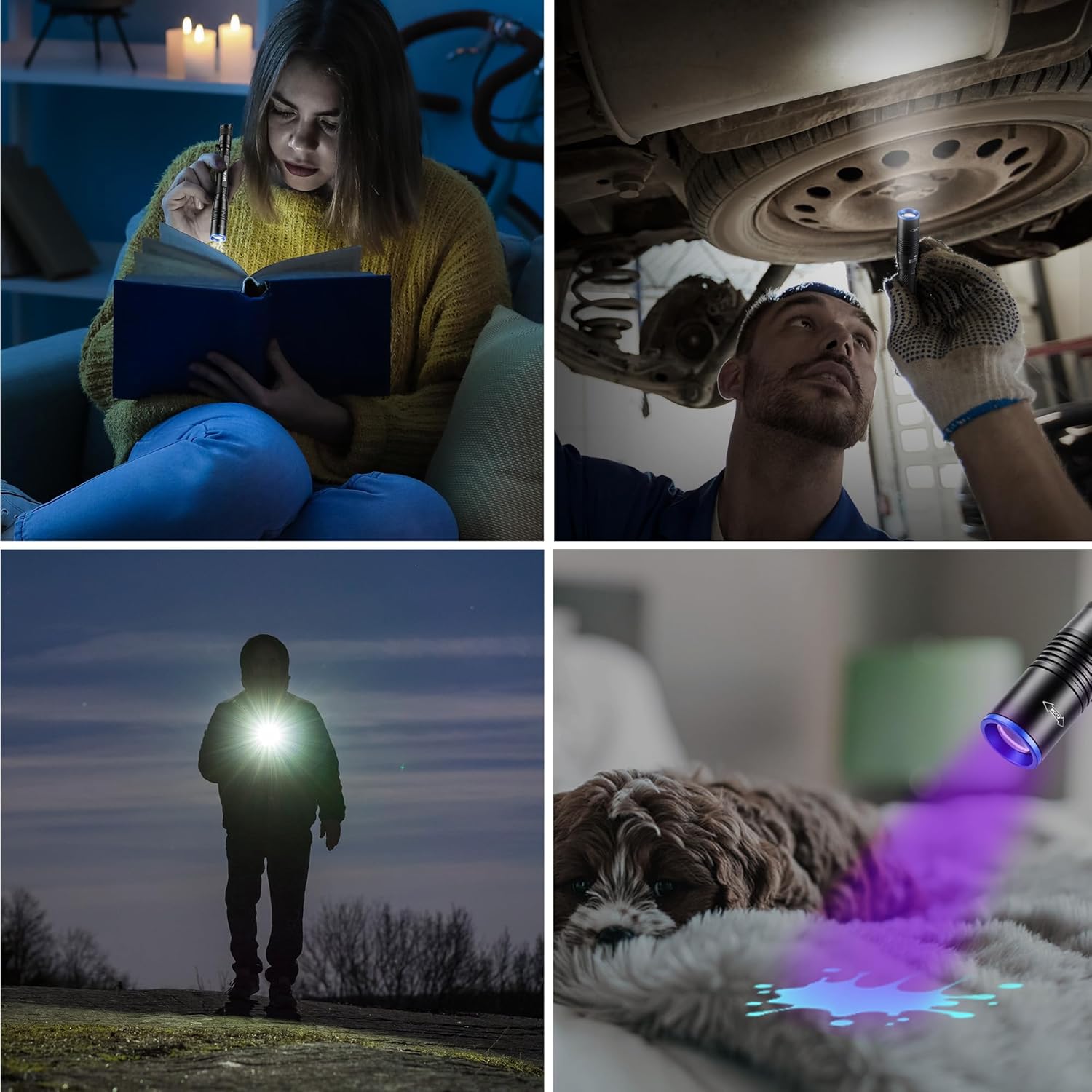 Black WORKPRO pen flashlight emitting purple UV glow and bright white light in multiple scenes