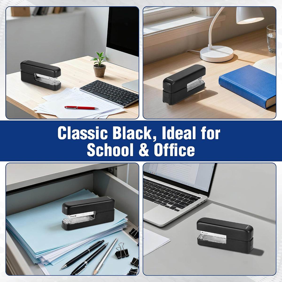 Black desktop stapler on desk, closed front with staple opening visible
