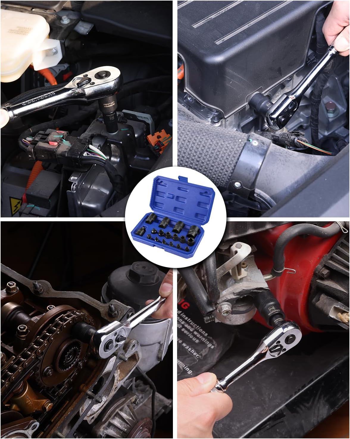 E-Torx socket adapters and sockets used on an automotive engine bay