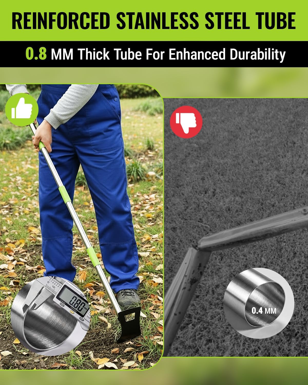 Reinforced stainless steel tube tool with thick metal handle and weed rake head