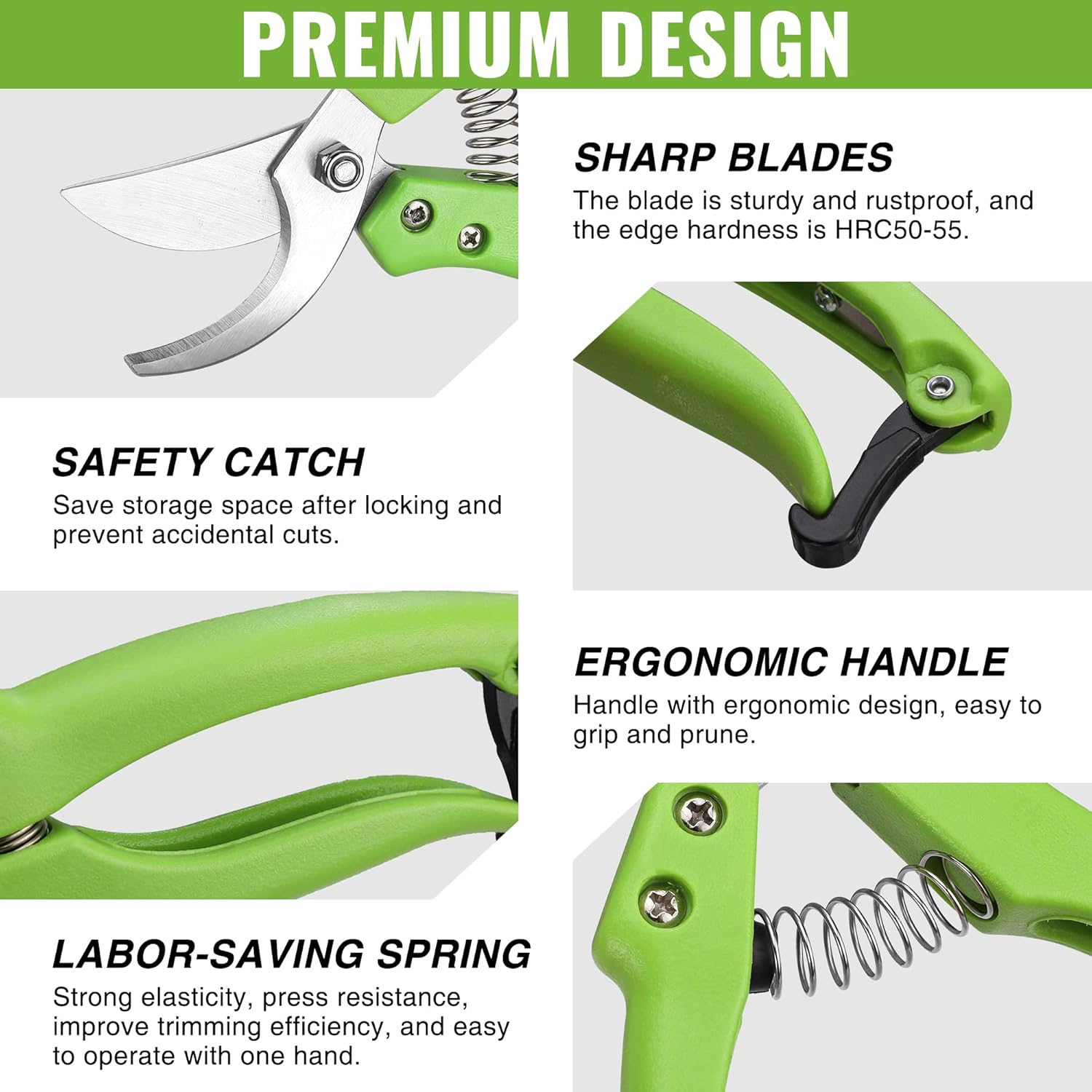 Green garden bypass pruners with sharp curved blades, safety catch, and ergonomic handle