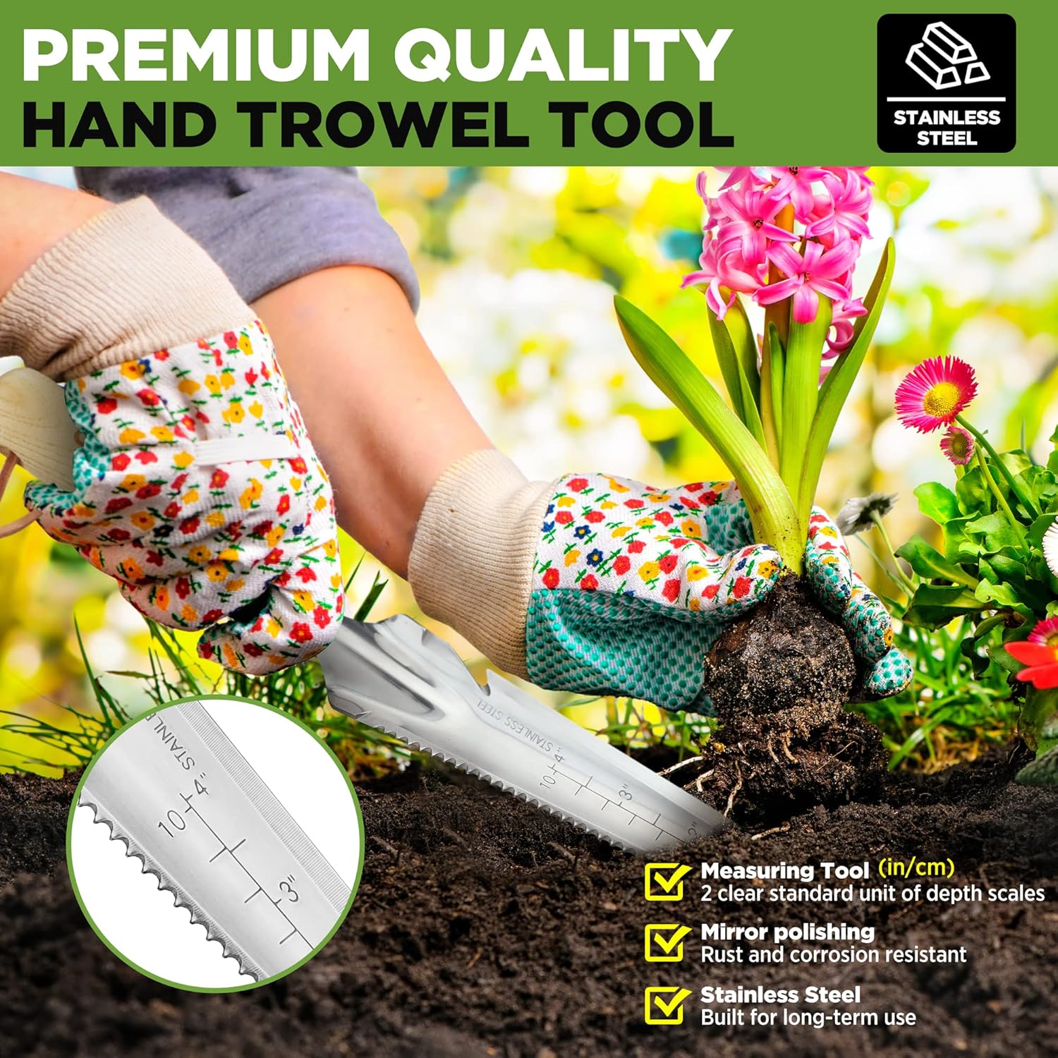 Stainless hand trowel weeder tool with wooden handle and measuring markings on the blade