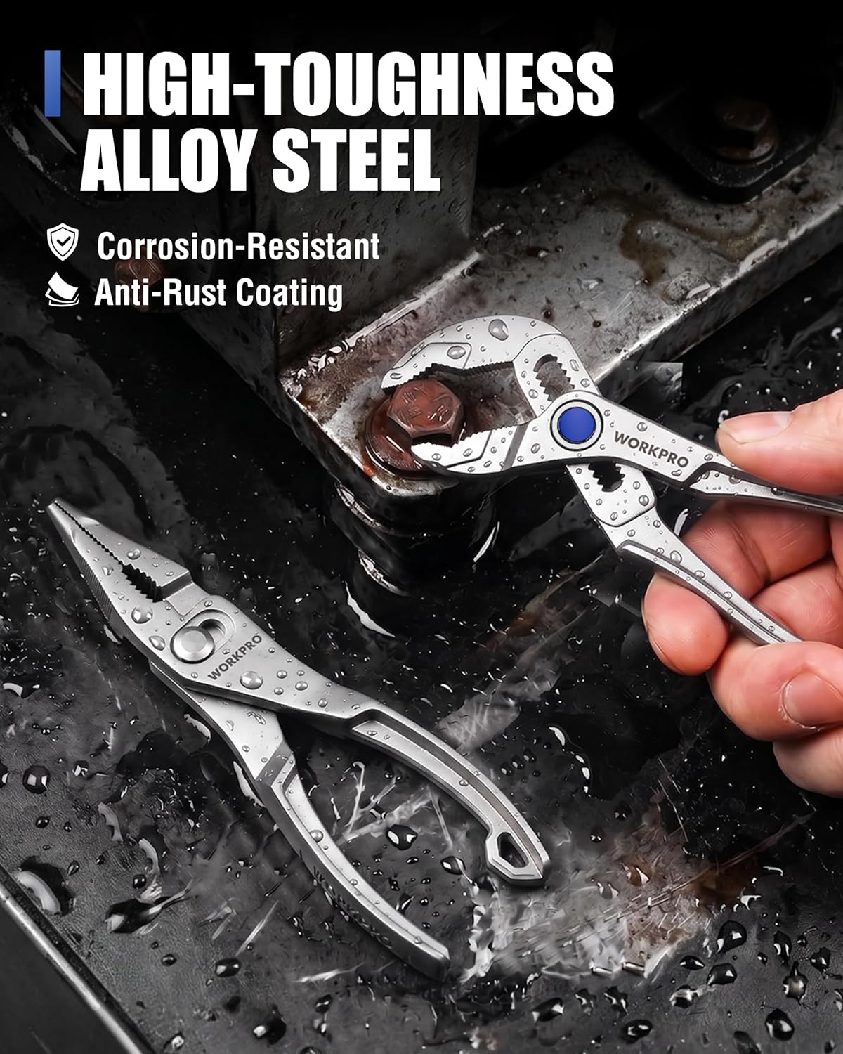 WORKPRO alloy steel mini plier gripping a metal piece on a wet, gritty surface
