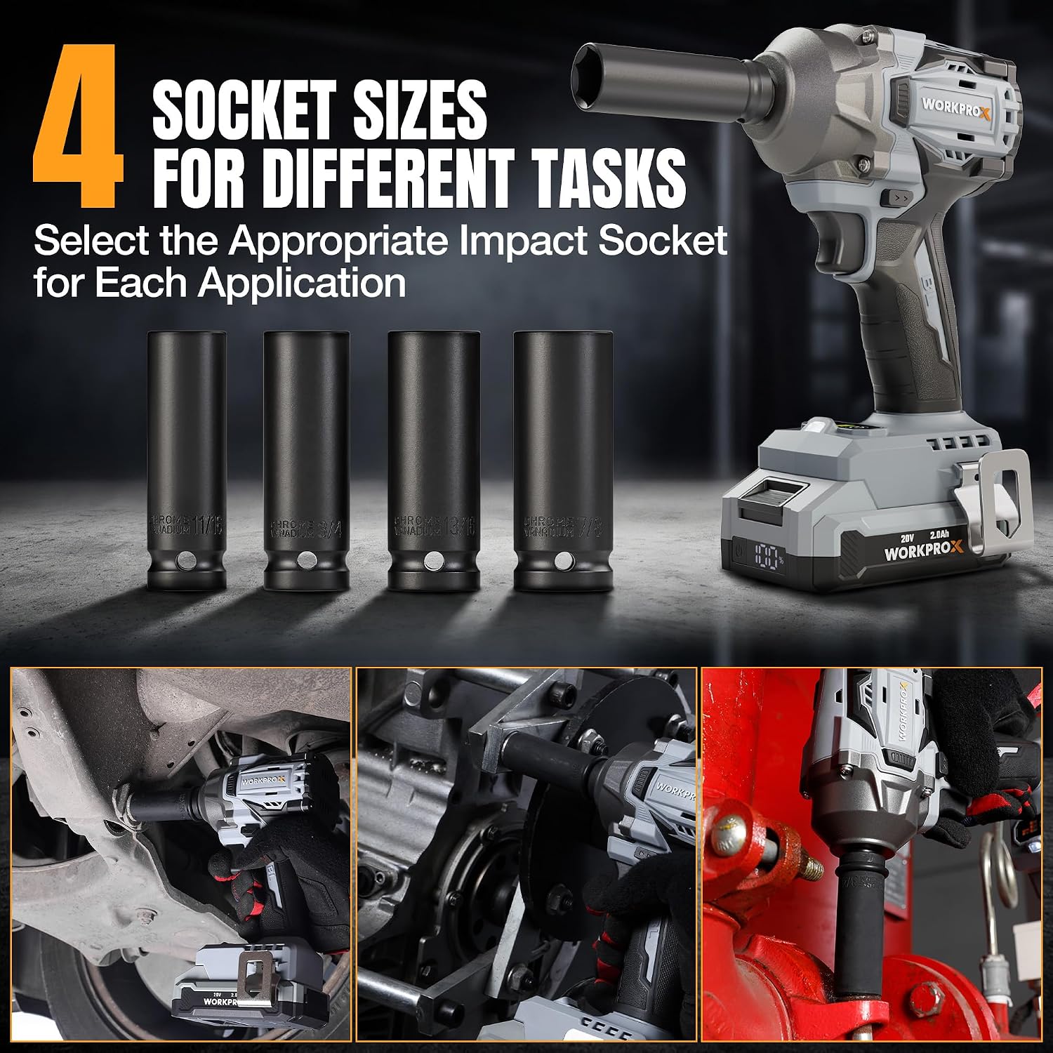 WORKPROX impact wrench kit with four impact sockets and 1/2" square drive