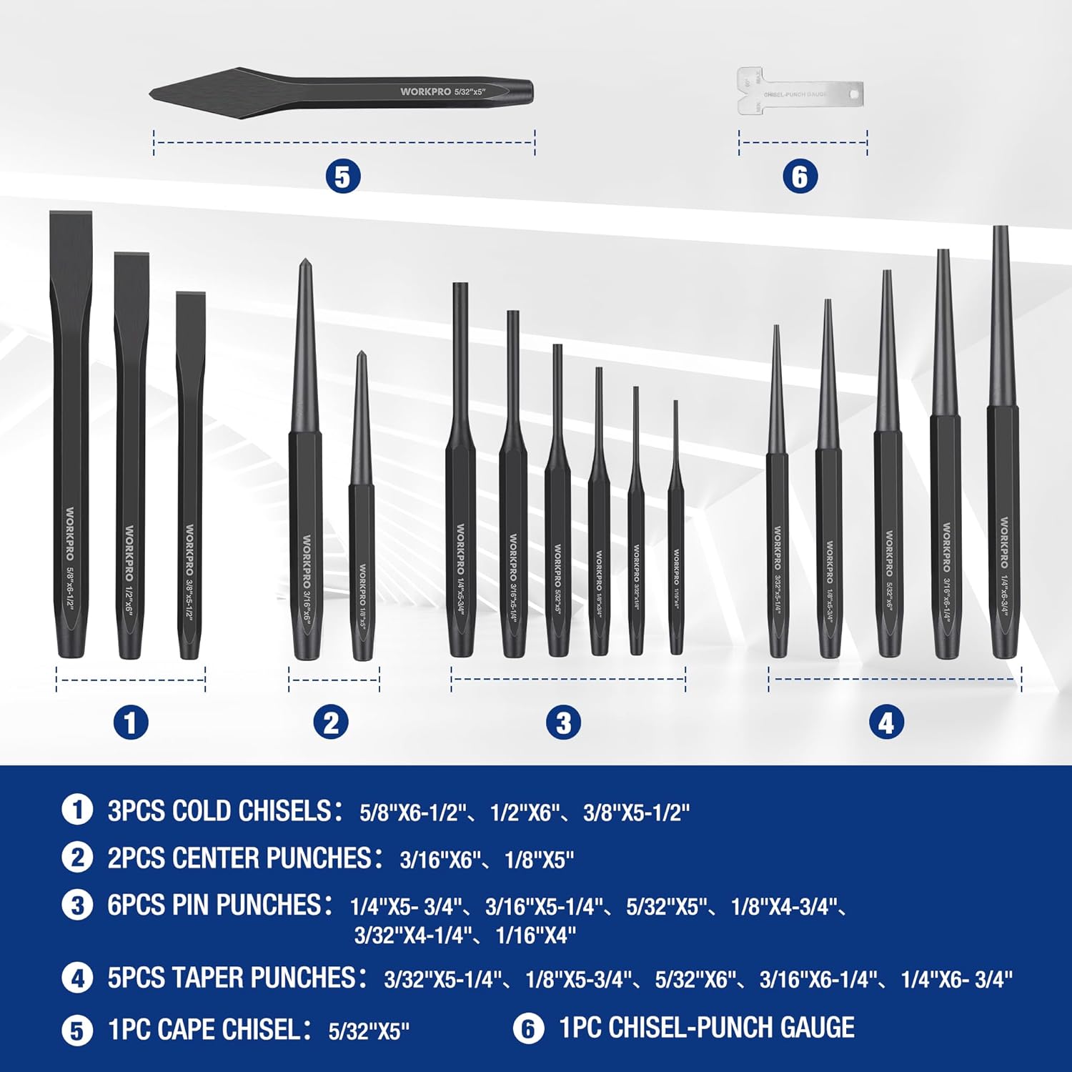 Heavy-duty punch and chisel set with assorted steel punches and blue accents, grouped.