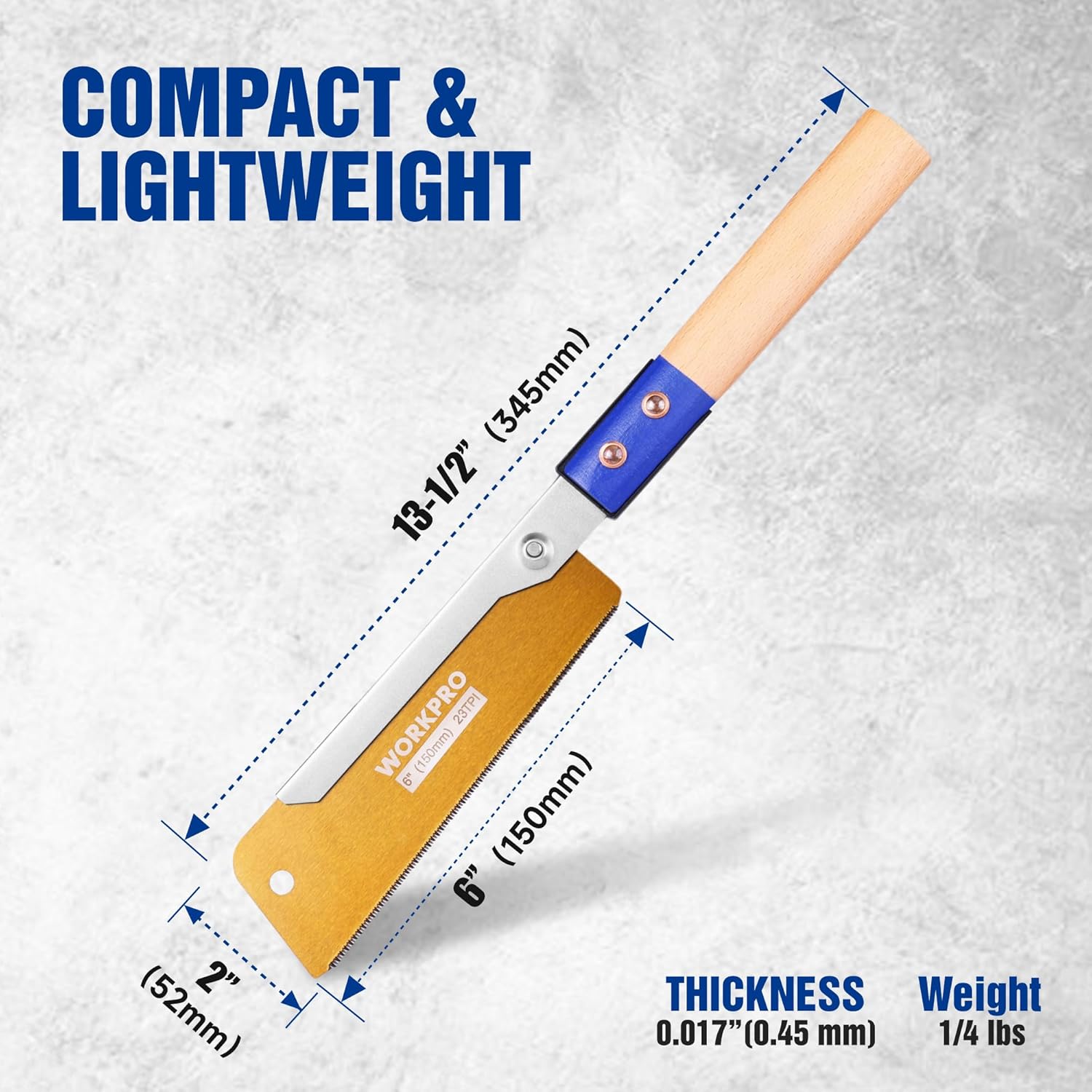 Compact Japanese pull saw with beech handle and SK5 flexible blade, blue hardware