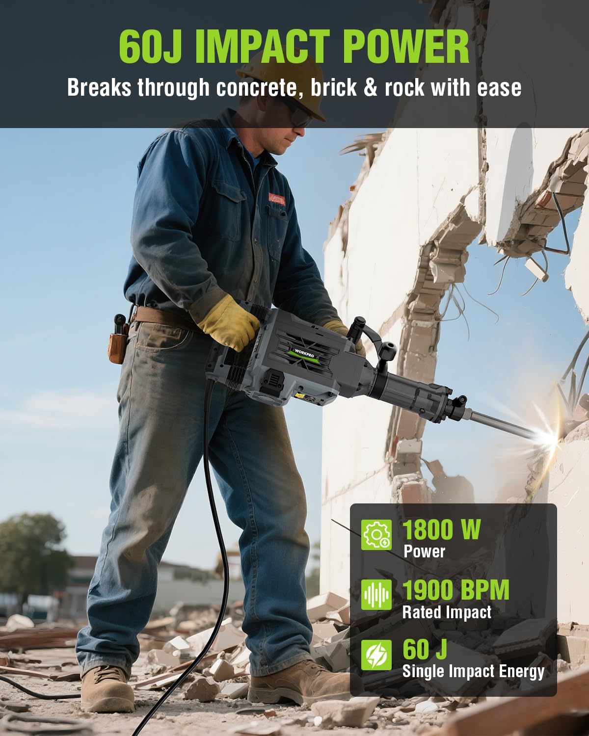 Electric demolition jackhammer in use, striking concrete with a pointed chisel bit