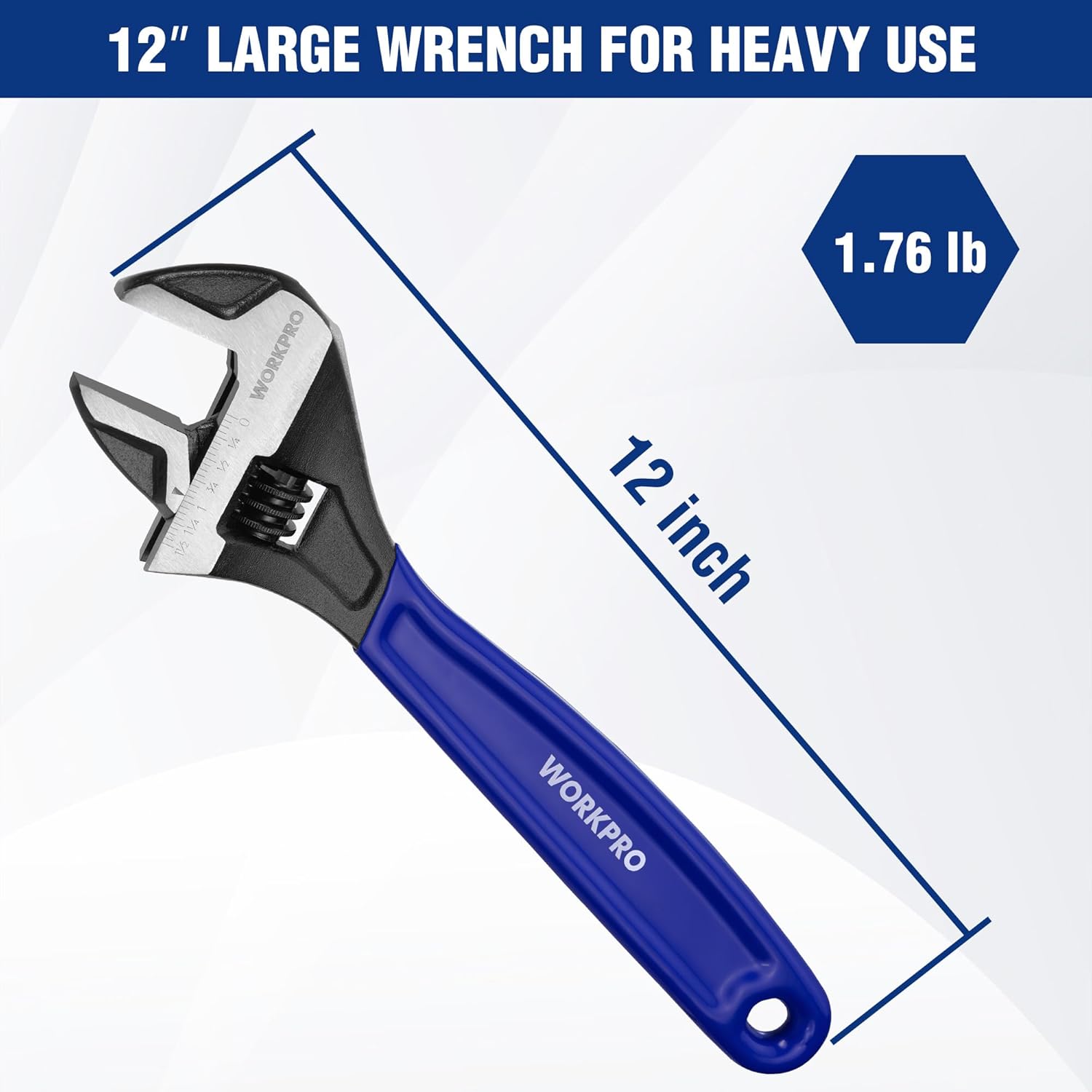 Blue 12-inch adjustable wrench with black jaw and ergonomic handle