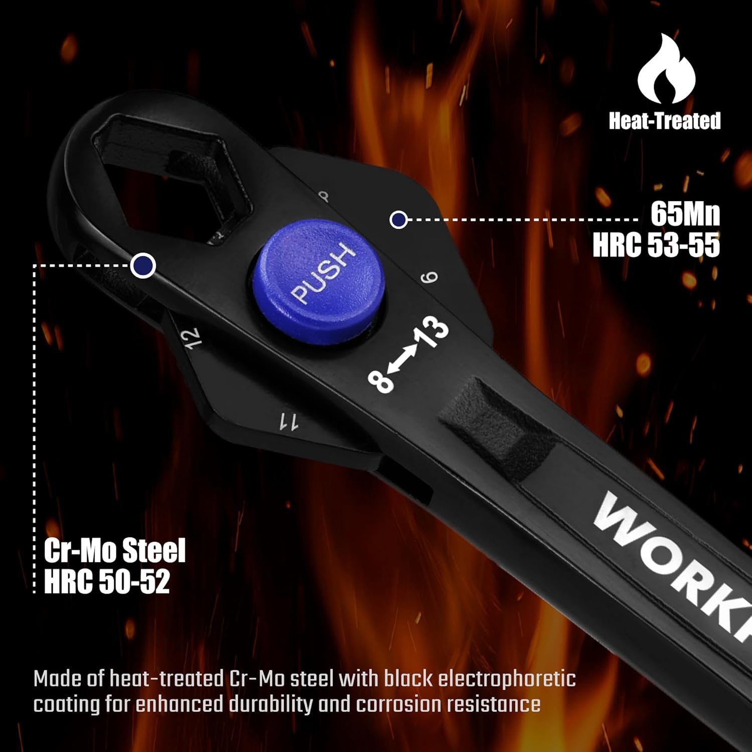 Heat-treated Cr-Mo steel adjustable wrench with blue push-button multi-position head