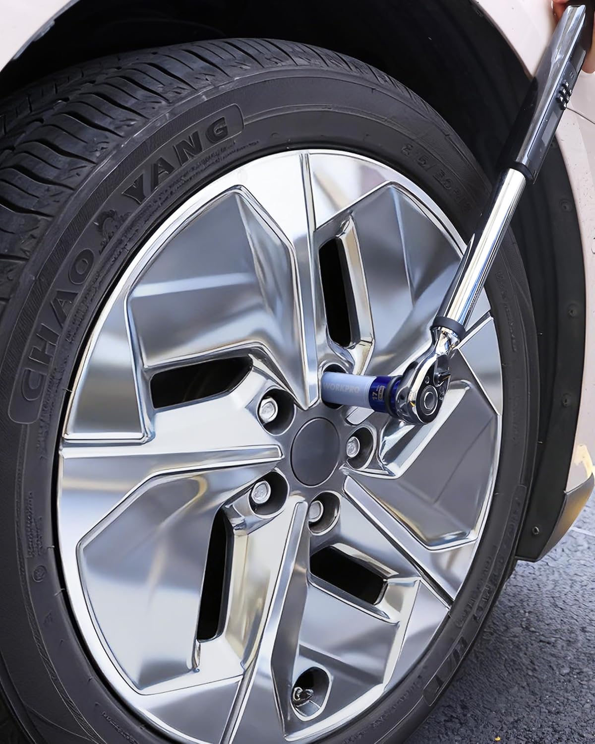 WORKPRO 17mm lug nut impact socket installed on a car wheel