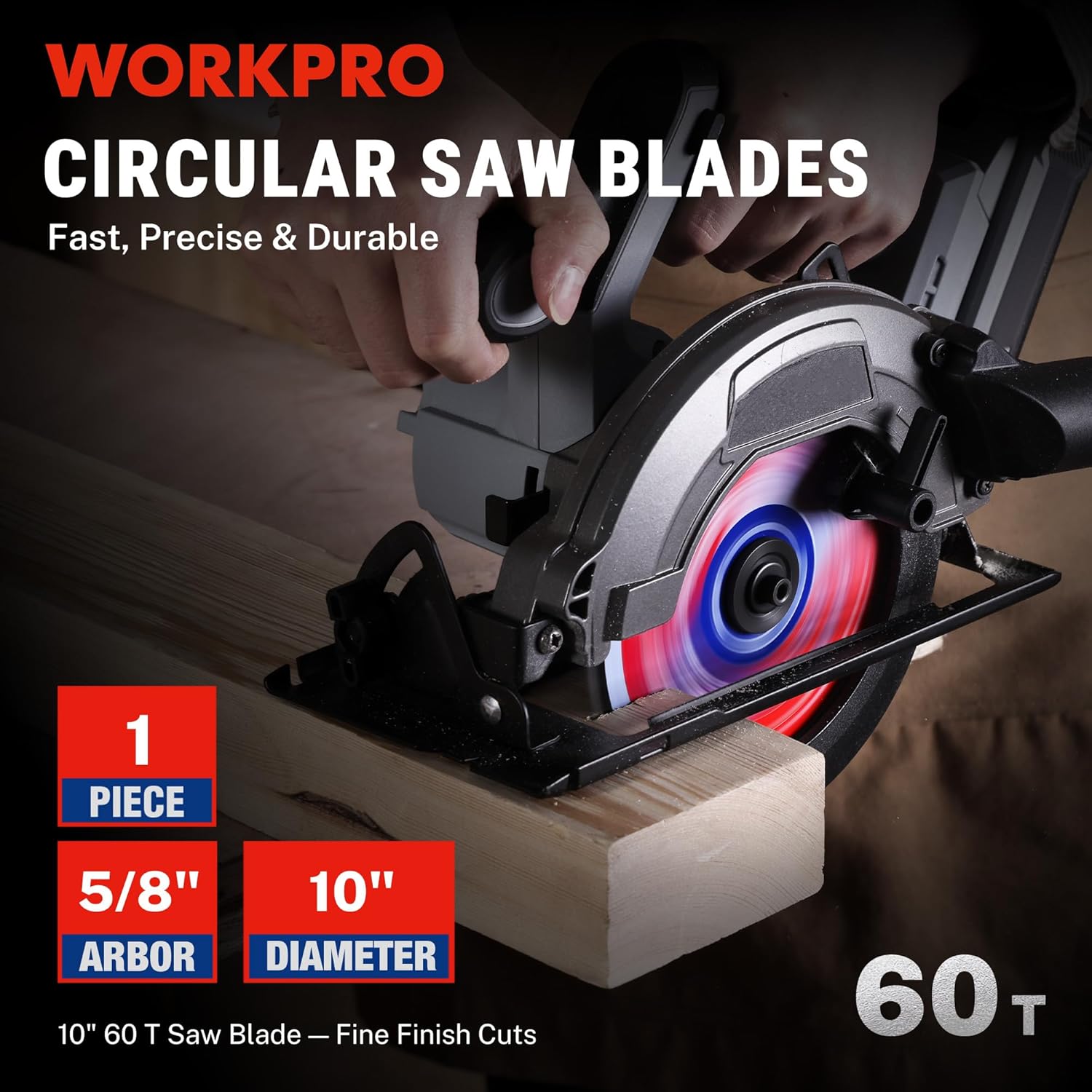 10-inch circular saw blade with 60T carbide teeth mounted on a circular saw tool