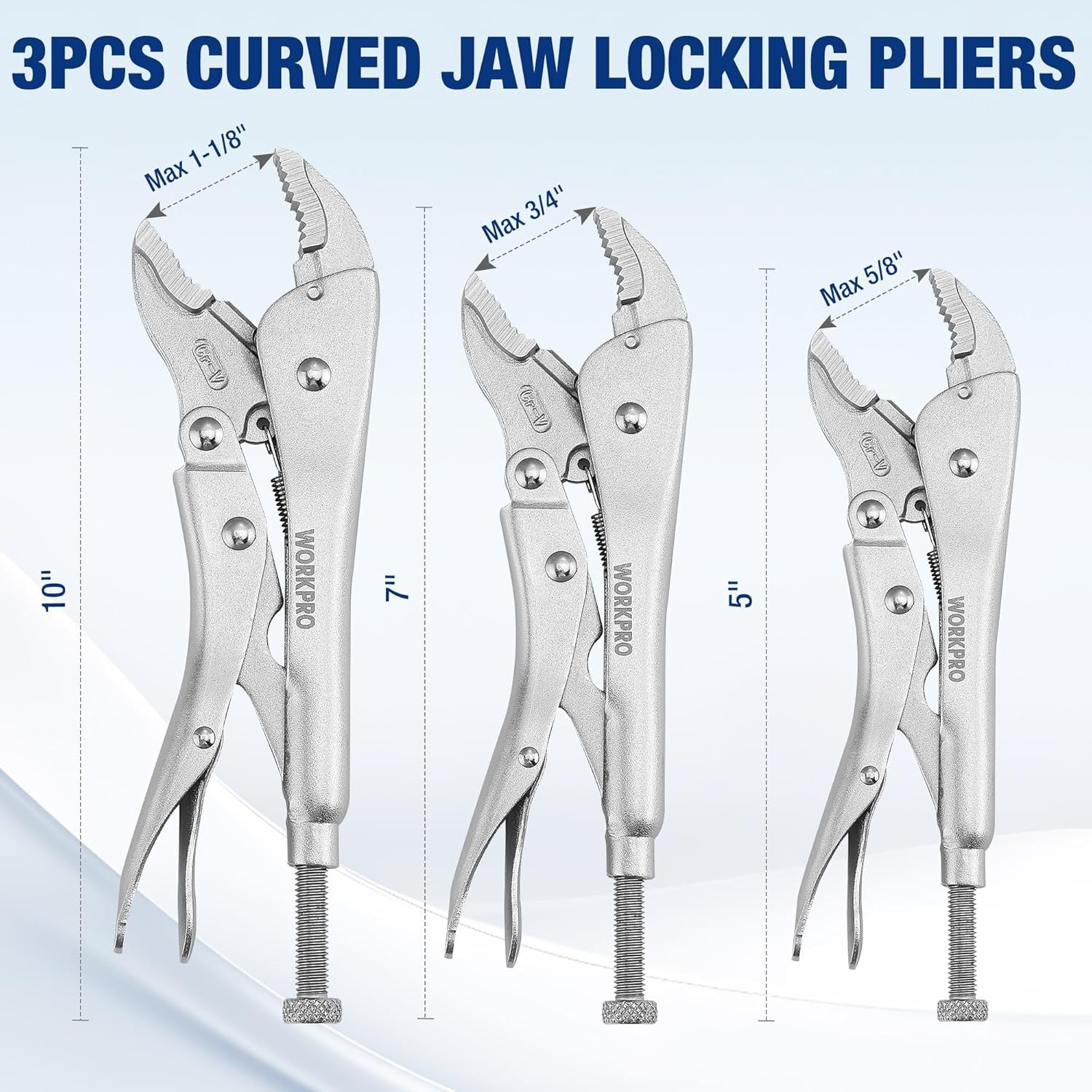 WORKPRO 5-Piece curved jaw locking pliers set in chrome steel with innovation, quality, and durable grip