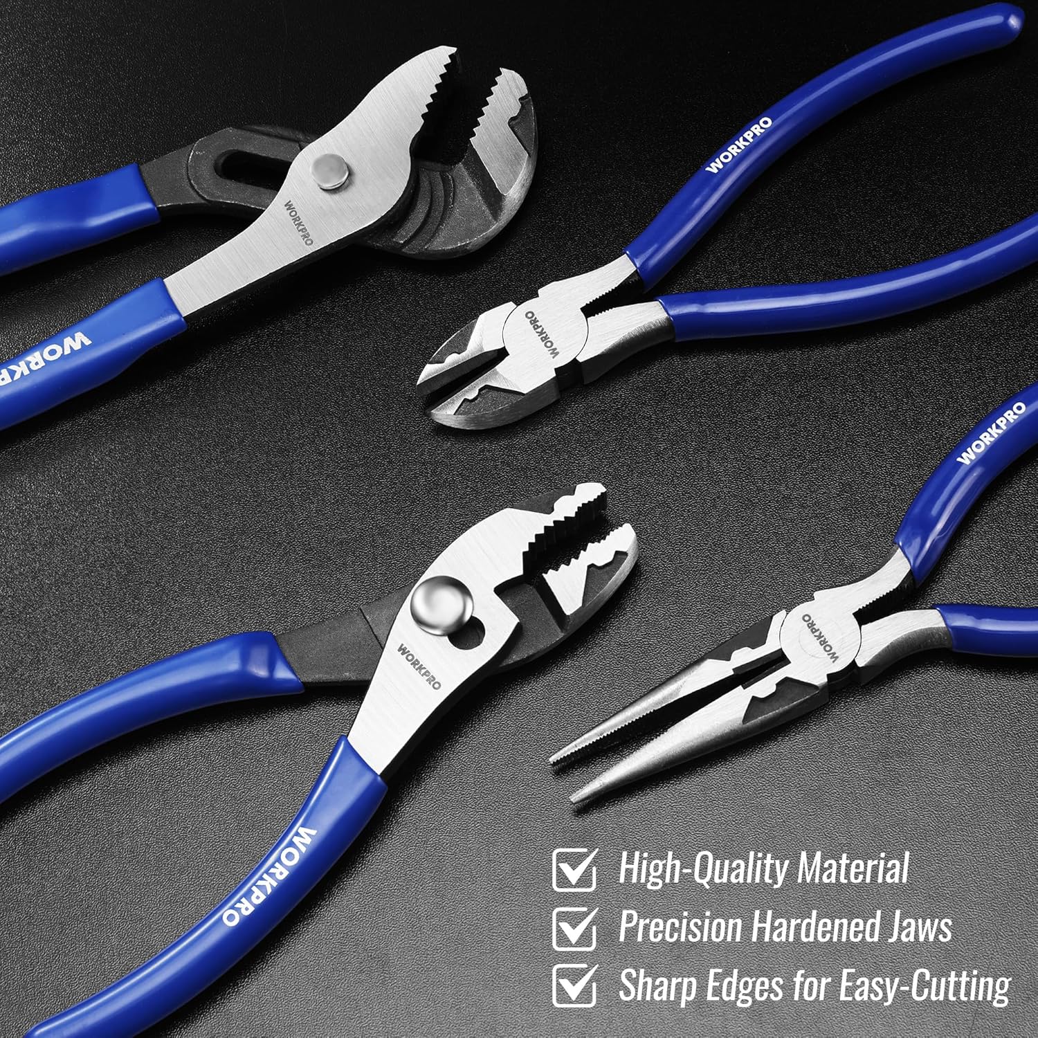 Set of blue-and-silver pliers with serrated jaws; precision hardened cutting edges.