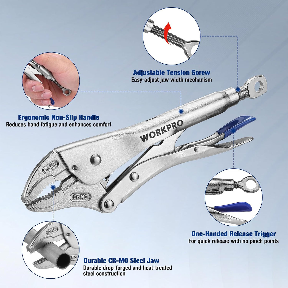 WORKPRO 10" Curved Jaw Locking Pliers with Screw Extractor, CR-MO Steel Construction with Perforated Screw, Multipurpose Clamping Tool for Automotive, Welding, and Home DIY