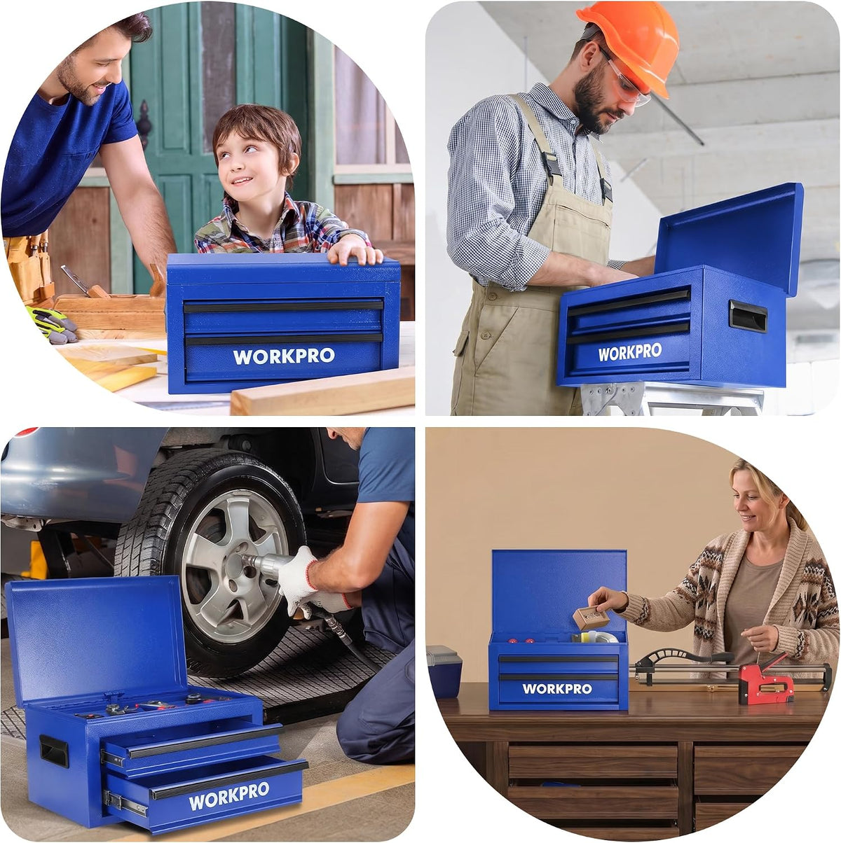 WORKPRO 15-Inch Metal Tool Box with 2 Drawers & Top Storage, Blue