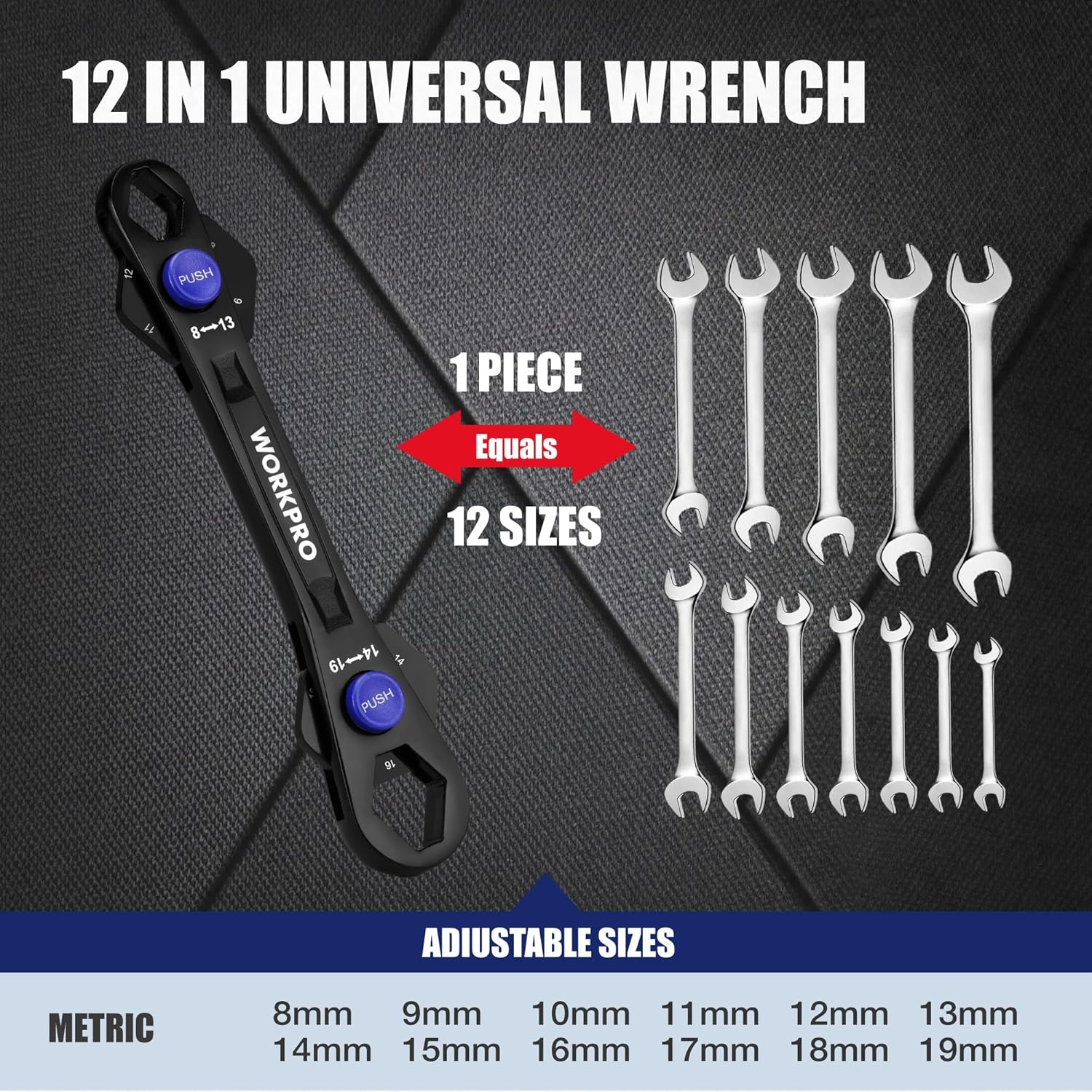 WORKPRO 12-in-1 universal adjustable metric wrench, black handle with blue push button