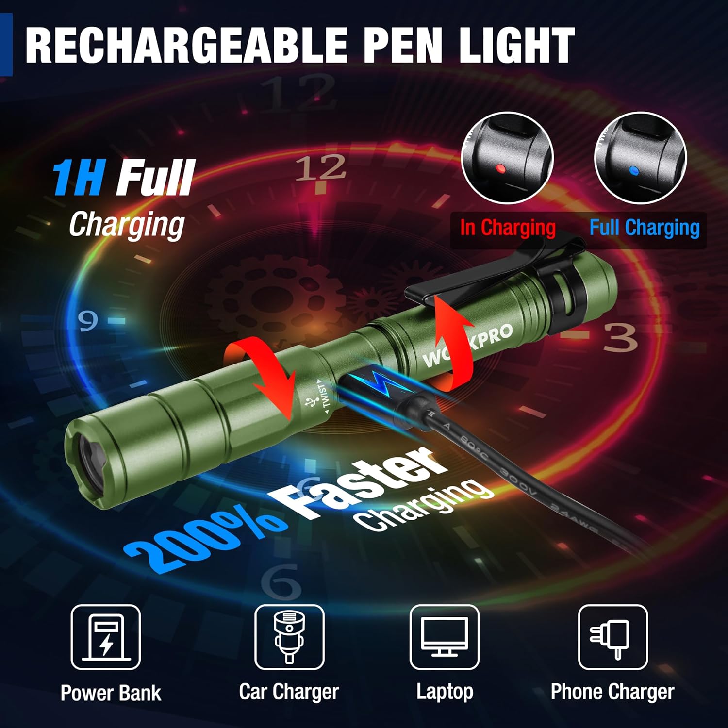 Green rechargeable pen light flashlight with clip, compact aluminum body