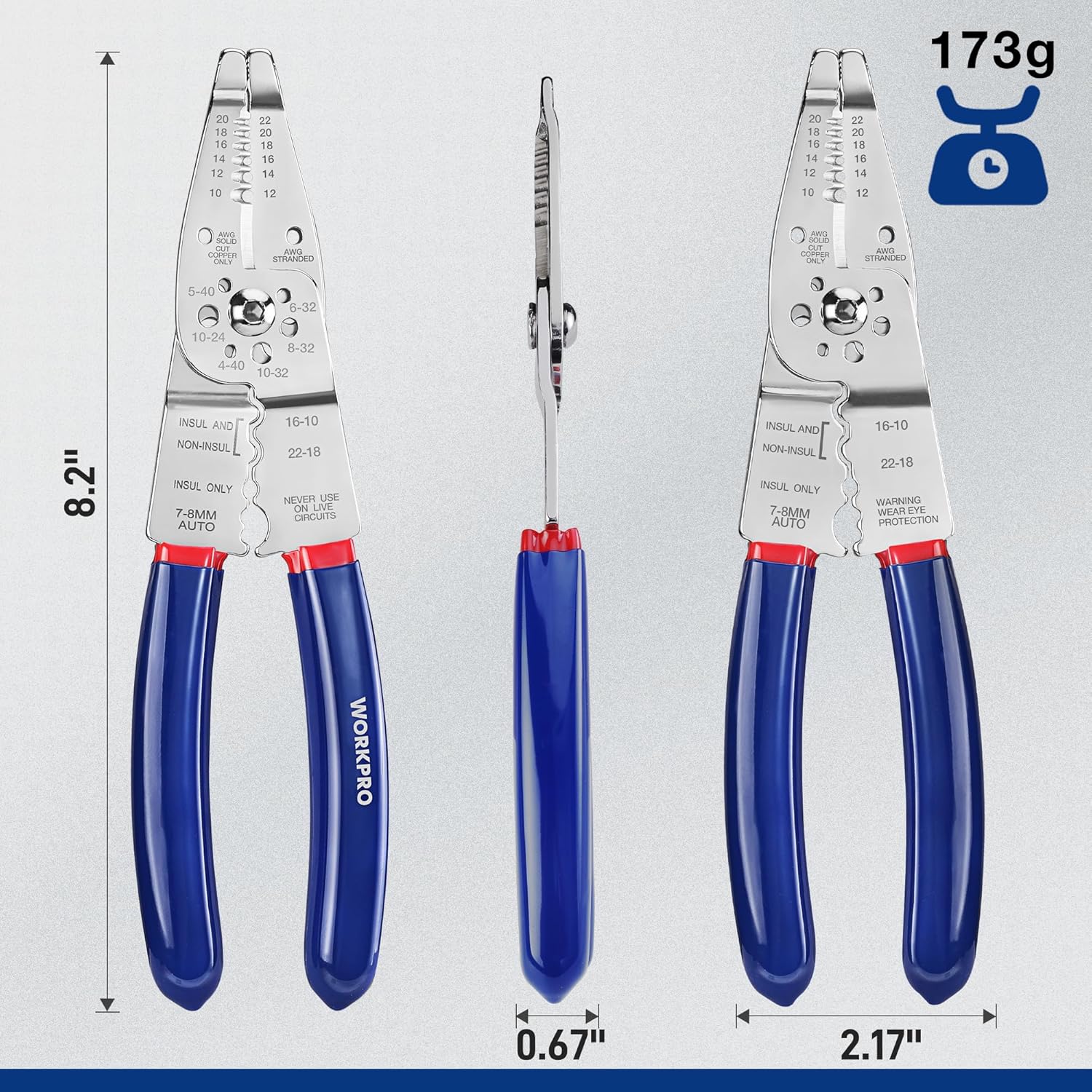 Wire stripping and crimping pliers with blue grips and metal strip-and-crimp head, 10–22 AWG