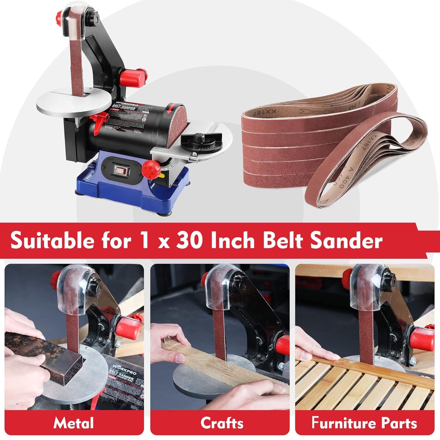 Maroon sanding belts next to a belt sander tool for polishing and grinding