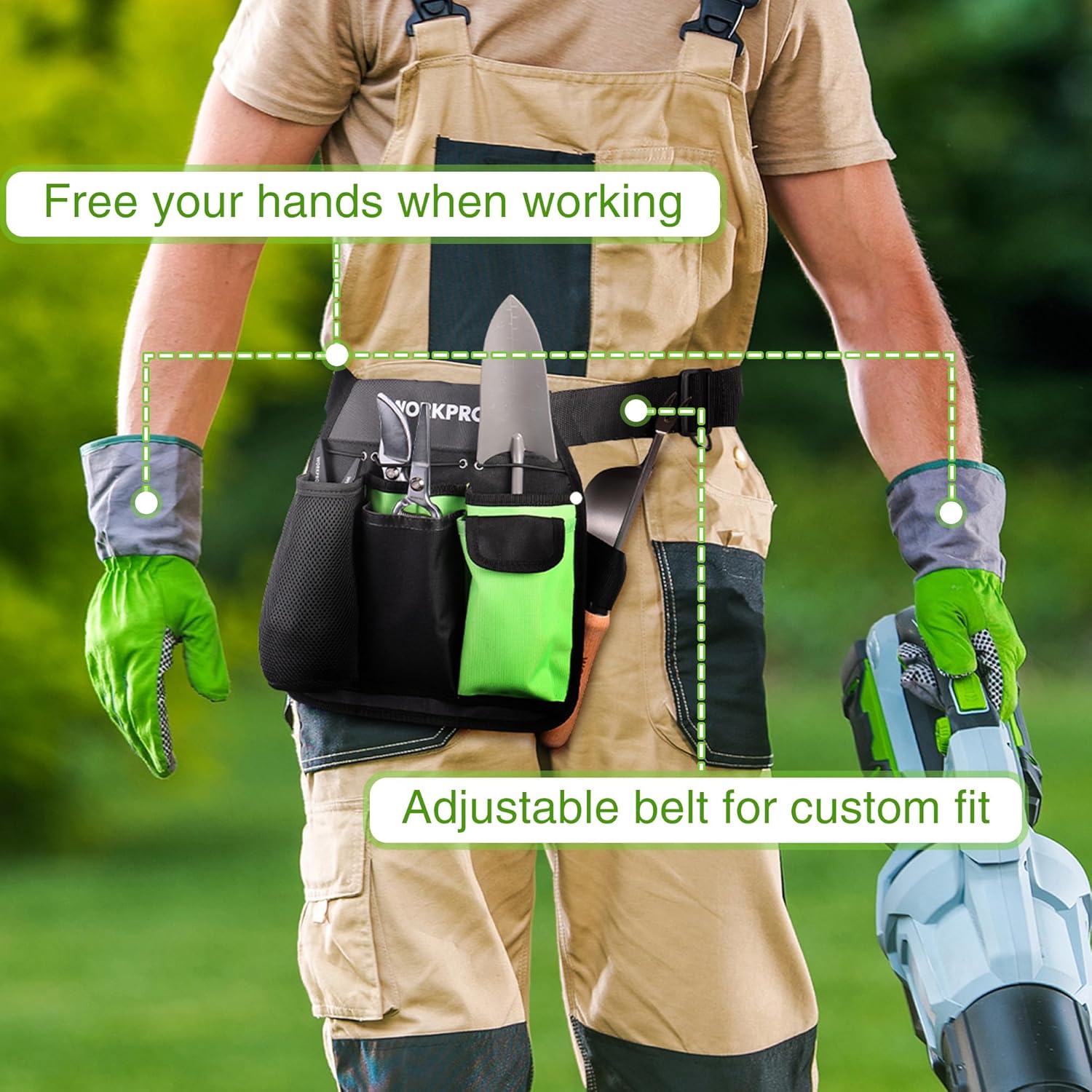 Adjustable waist tool pouch worn on person, black pockets with neon green interior panel