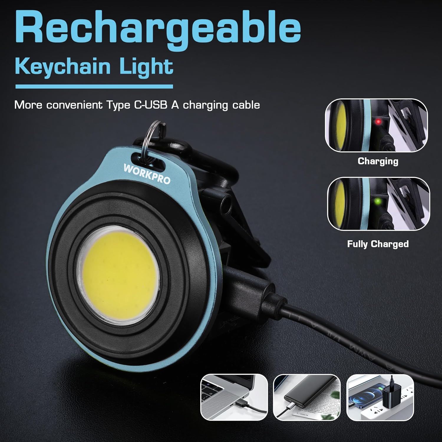 Blue rechargeable COB keychain flashlight with USB-C charging cable and carabiner clip