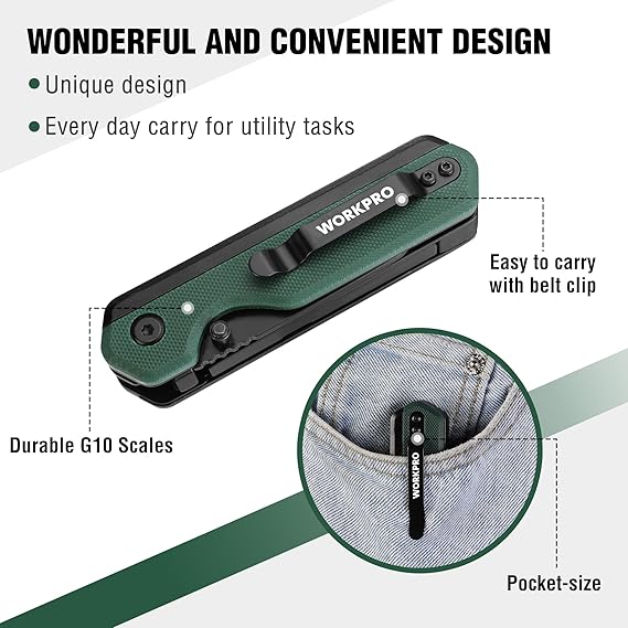WORKPRO 2-in-1 folding knife with green G10 handle and belt clip, pocket-size.