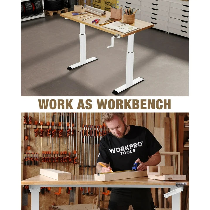 Adjustable height workbench with light wood top and wide white base