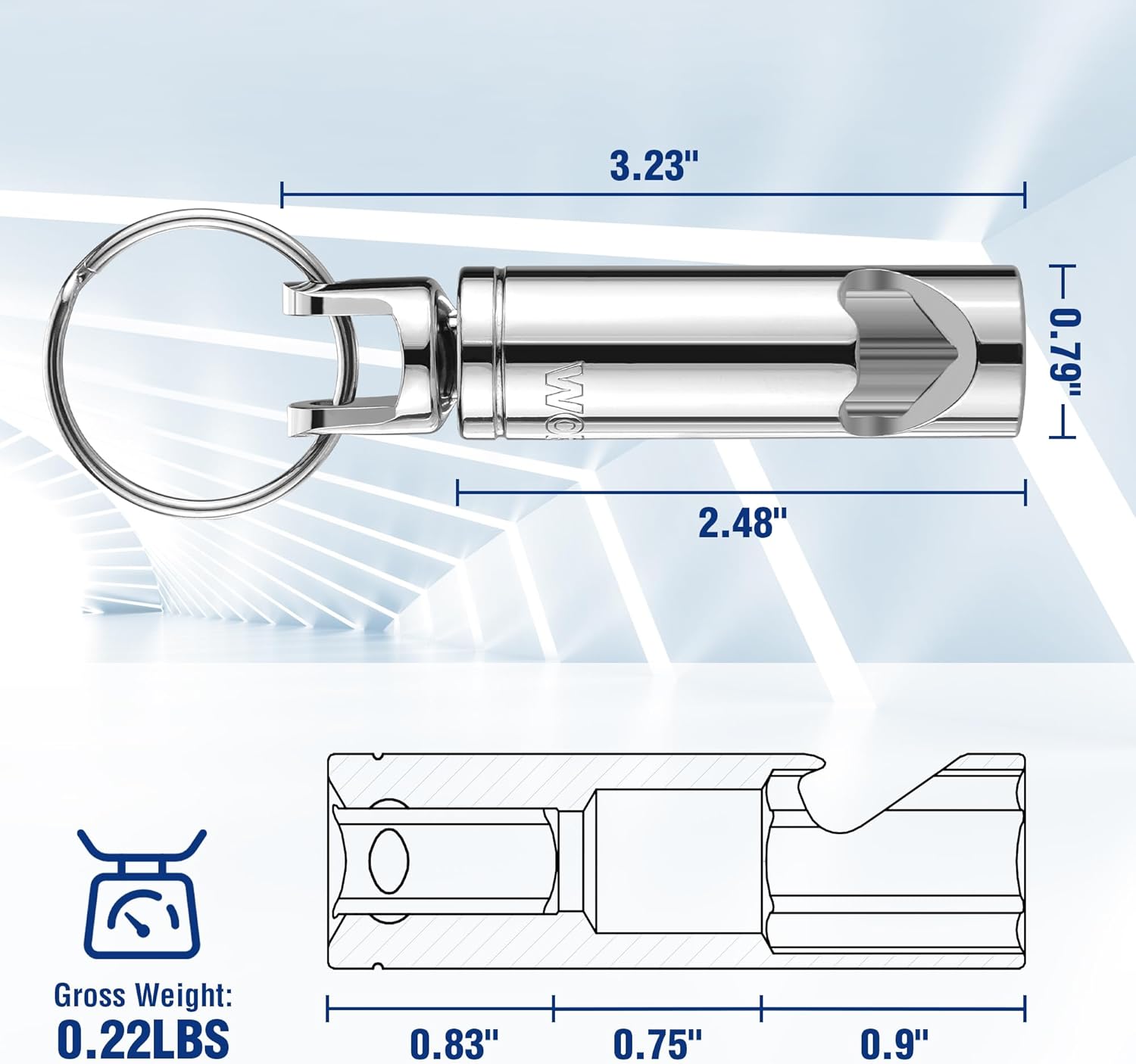 Socket bottle opener with key ring tool, shown with length and measurement dimensions