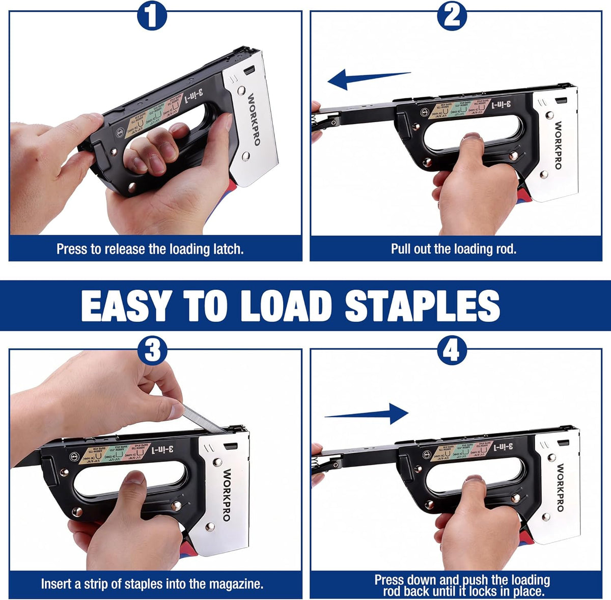 3-in-1 staple gun showing easy-to-load steps with loading latch and magazine