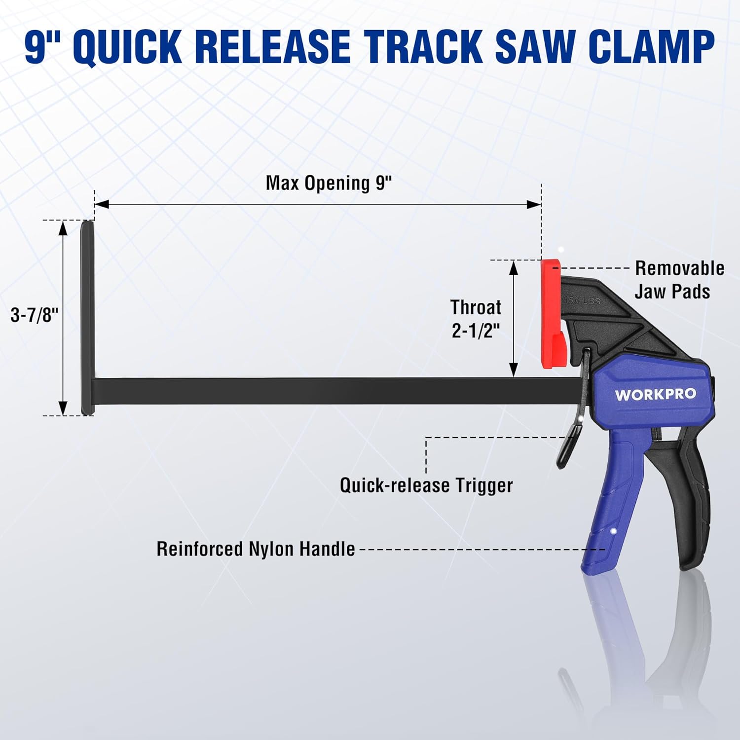 WORKPRO track saw clamp with blue handle, red jaw pads, black frame and lever.