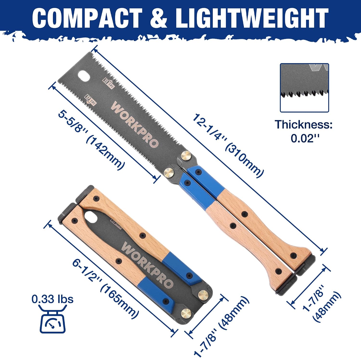 WORKPRO 6'' Folding Japanese Hand Saw, Double-Edged Pull Saw with 11&17 TPI