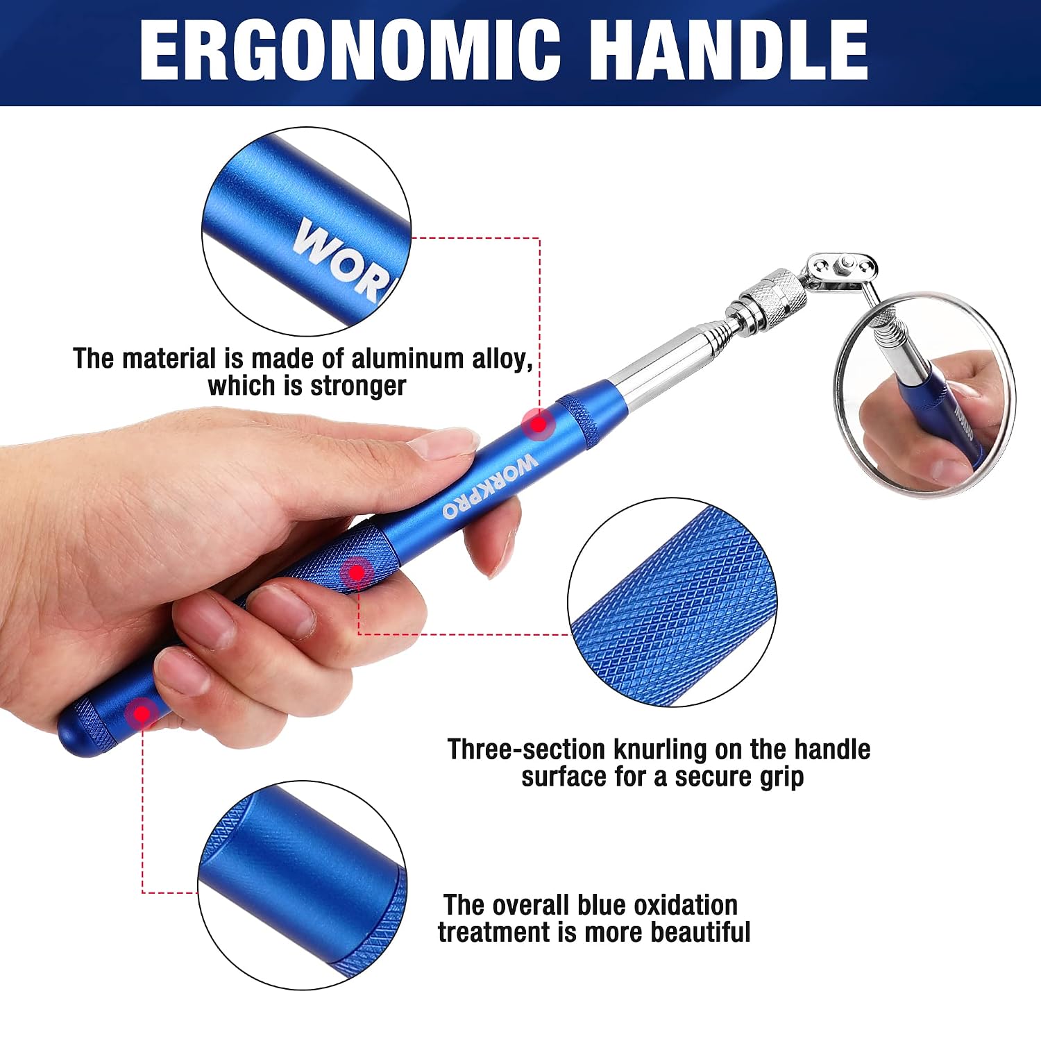 Ergonomic blue telescoping handle with knurled grip and metal mirror joint