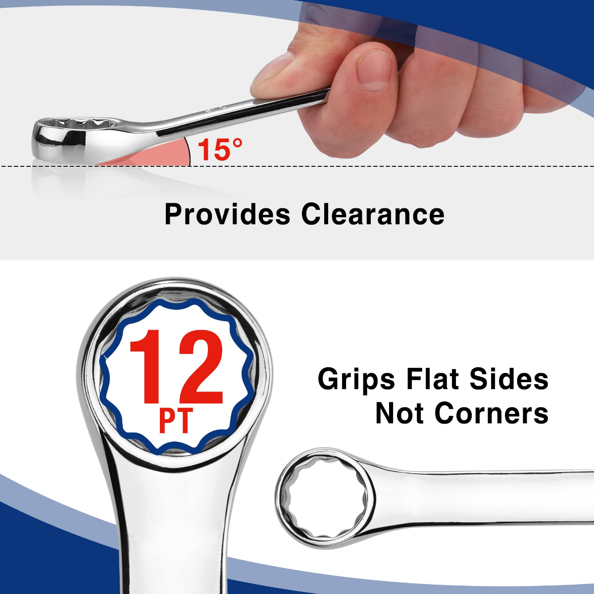 Open-end wrench with 12-point 15-degree offset for added clearance