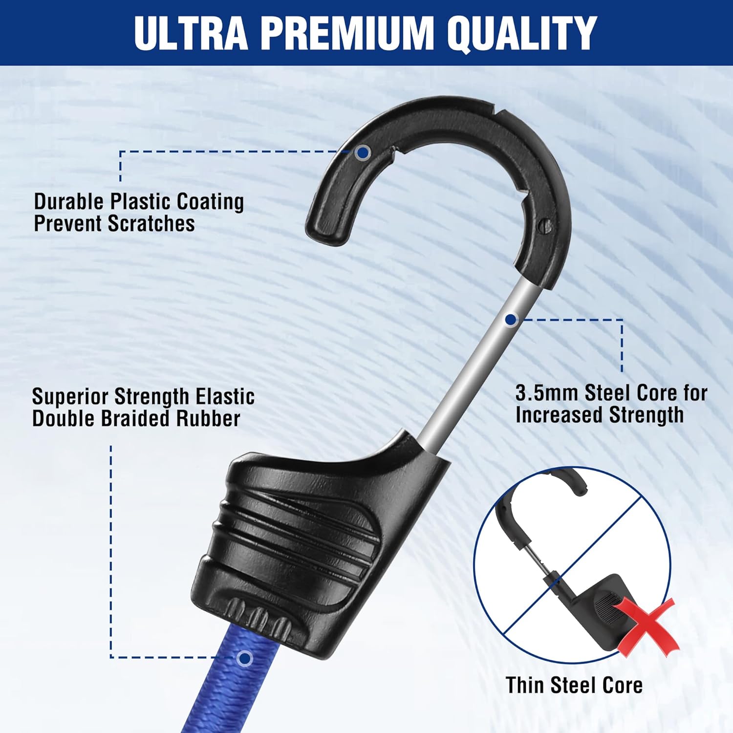 Blue bungee cord with black hook, rubber-coated grip, steel core