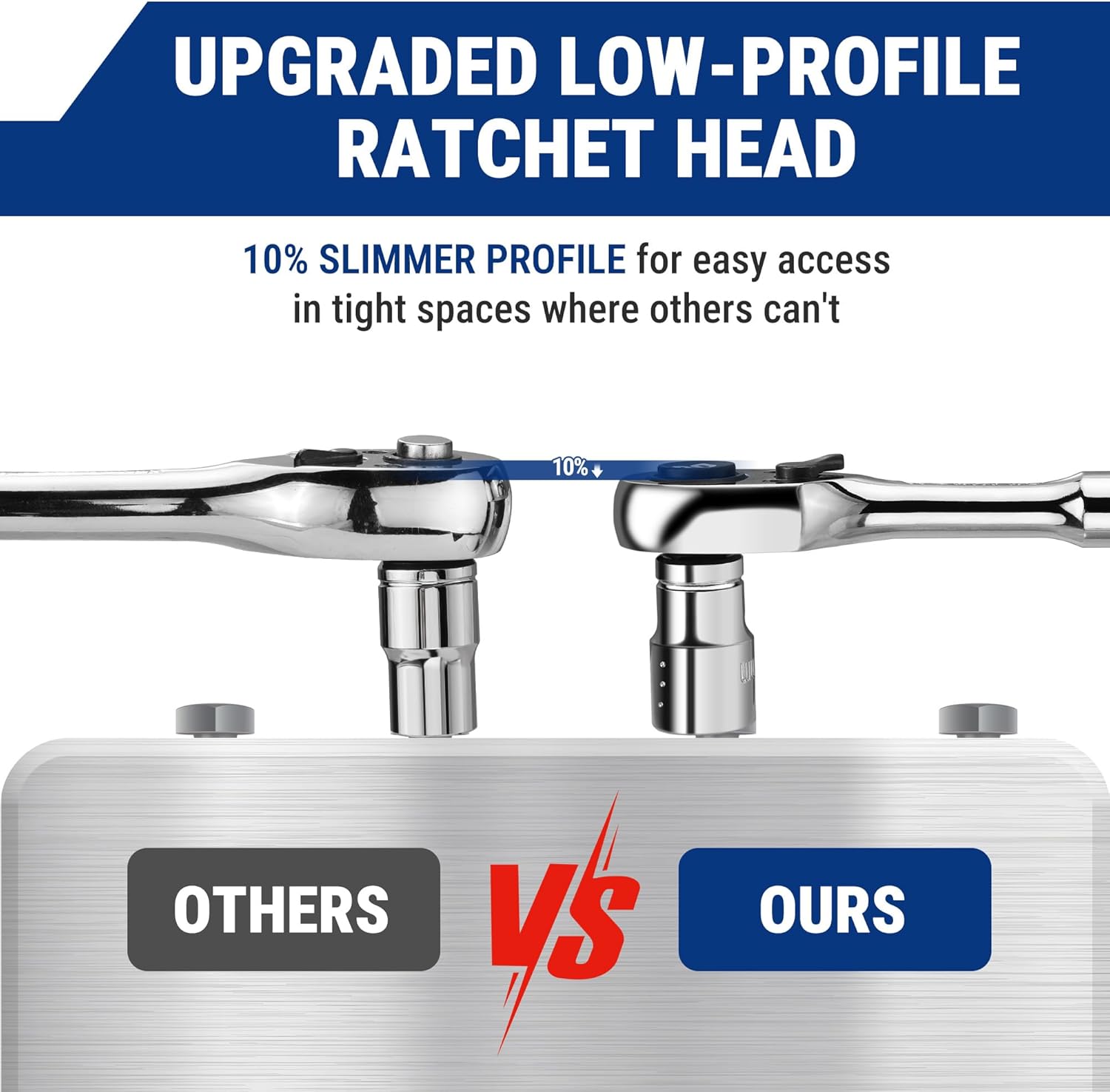 Low-profile 1/4 in ratchet wrench head with slim design for tight spaces.