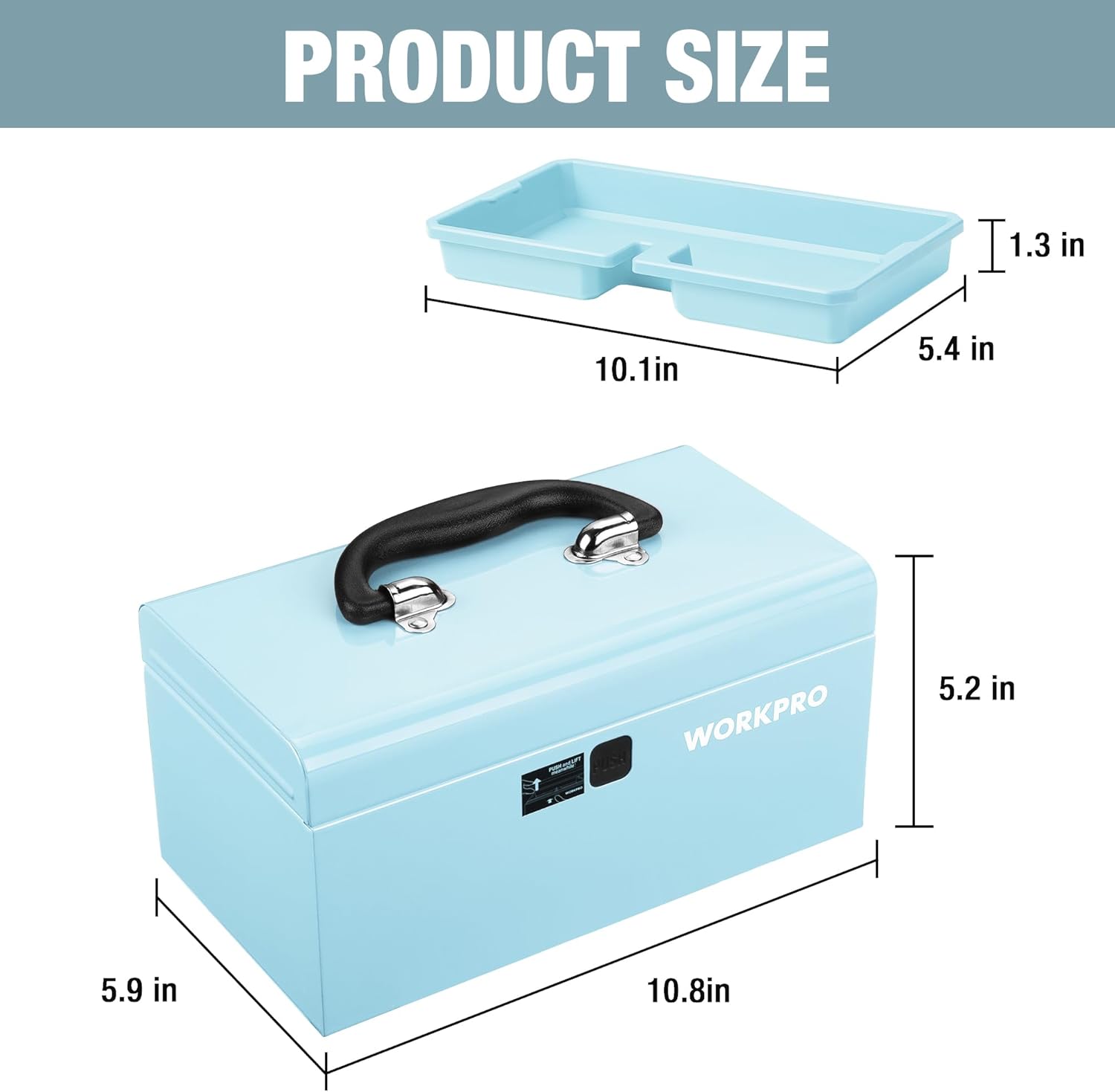 Light blue portable mini metal tool box with removable tray and one-button latch