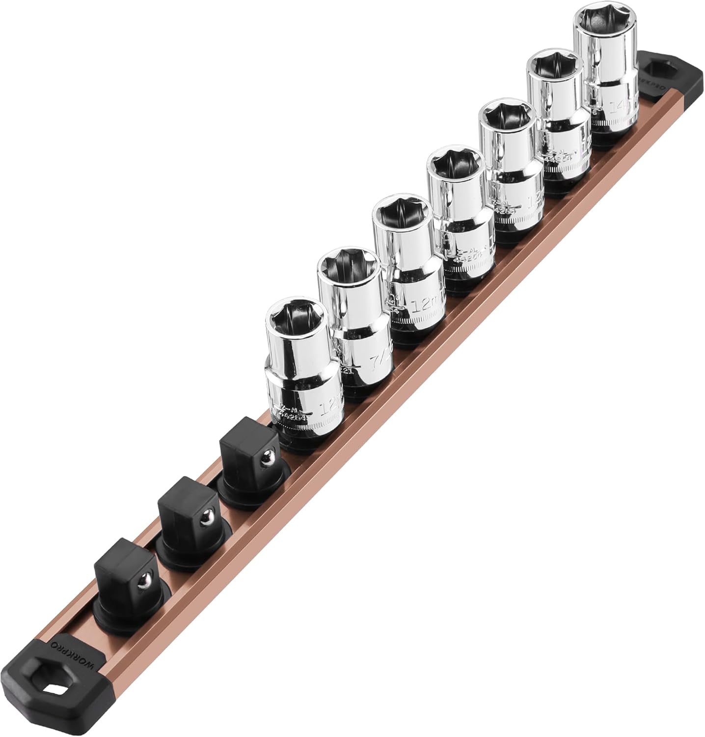 Champagne magnetic socket organizer rail with black clip bases and chrome sockets