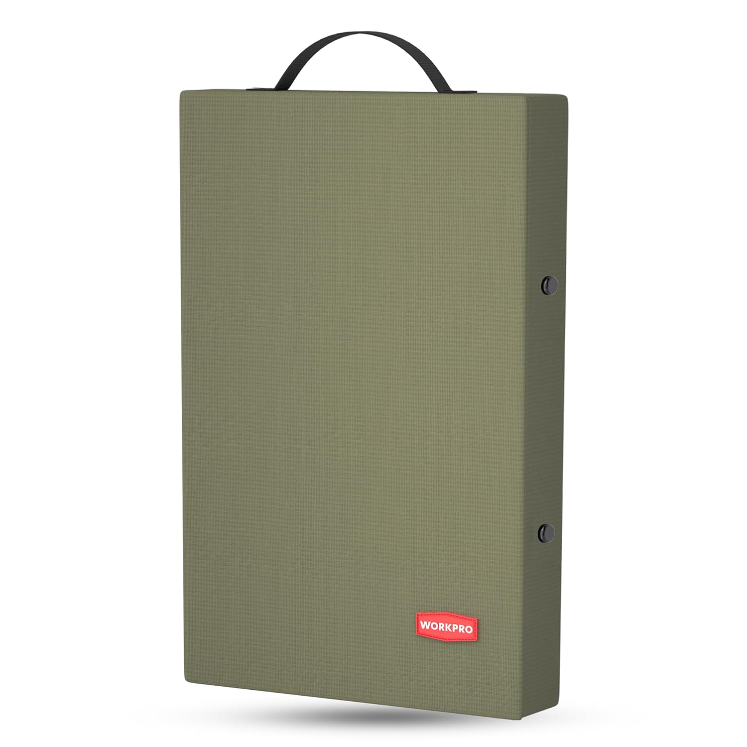 Green kneeling pad with carry handle and buttoned cover.