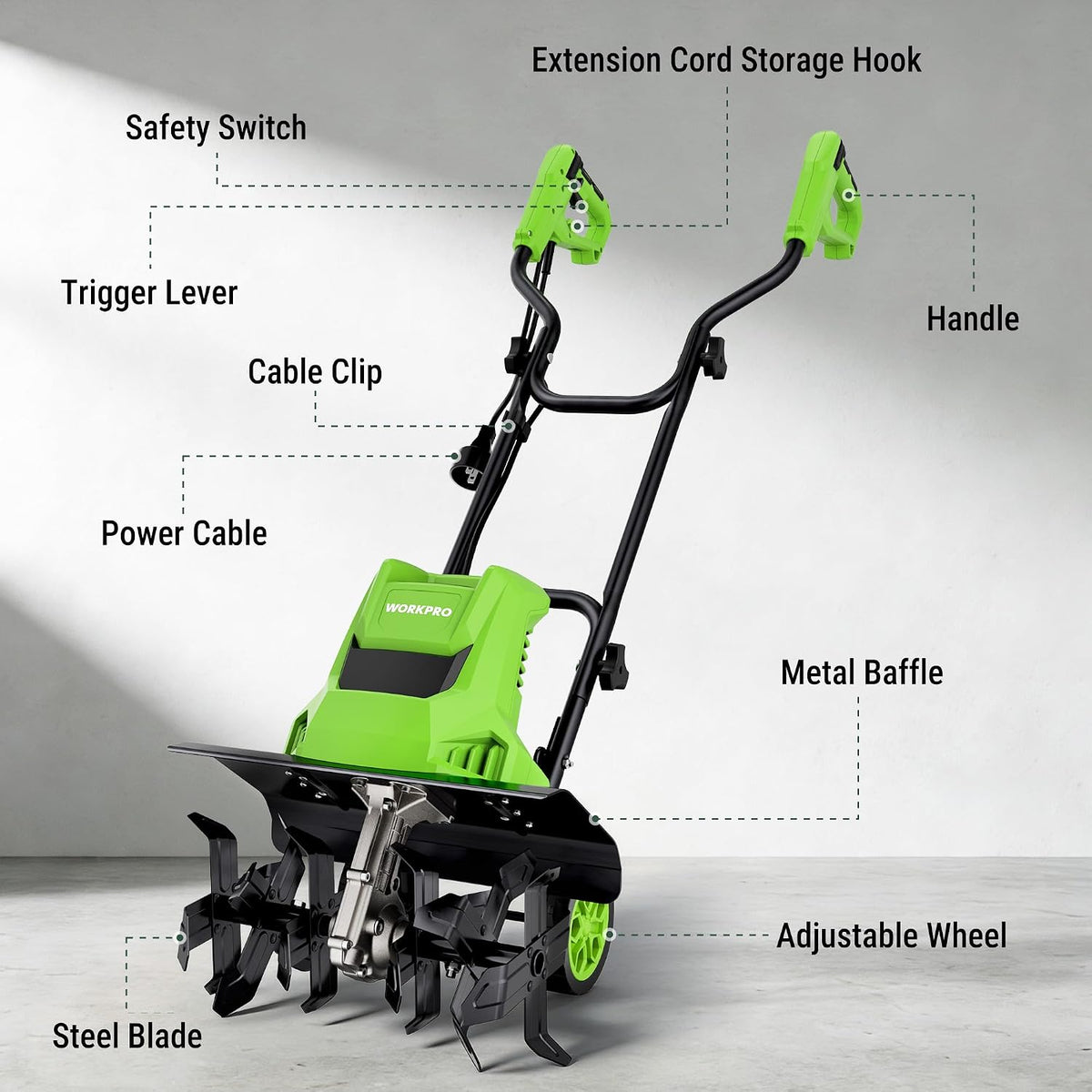 WORKPRO Corded Electric Garden Tiller & Cultivator, 16" Tilling Width & 8.7" Depth, 12.5A Corded Rototiller, 6 Steel Tines, 4-Position Adjustable Wheels, for Garden, Lawn & Flower Beds