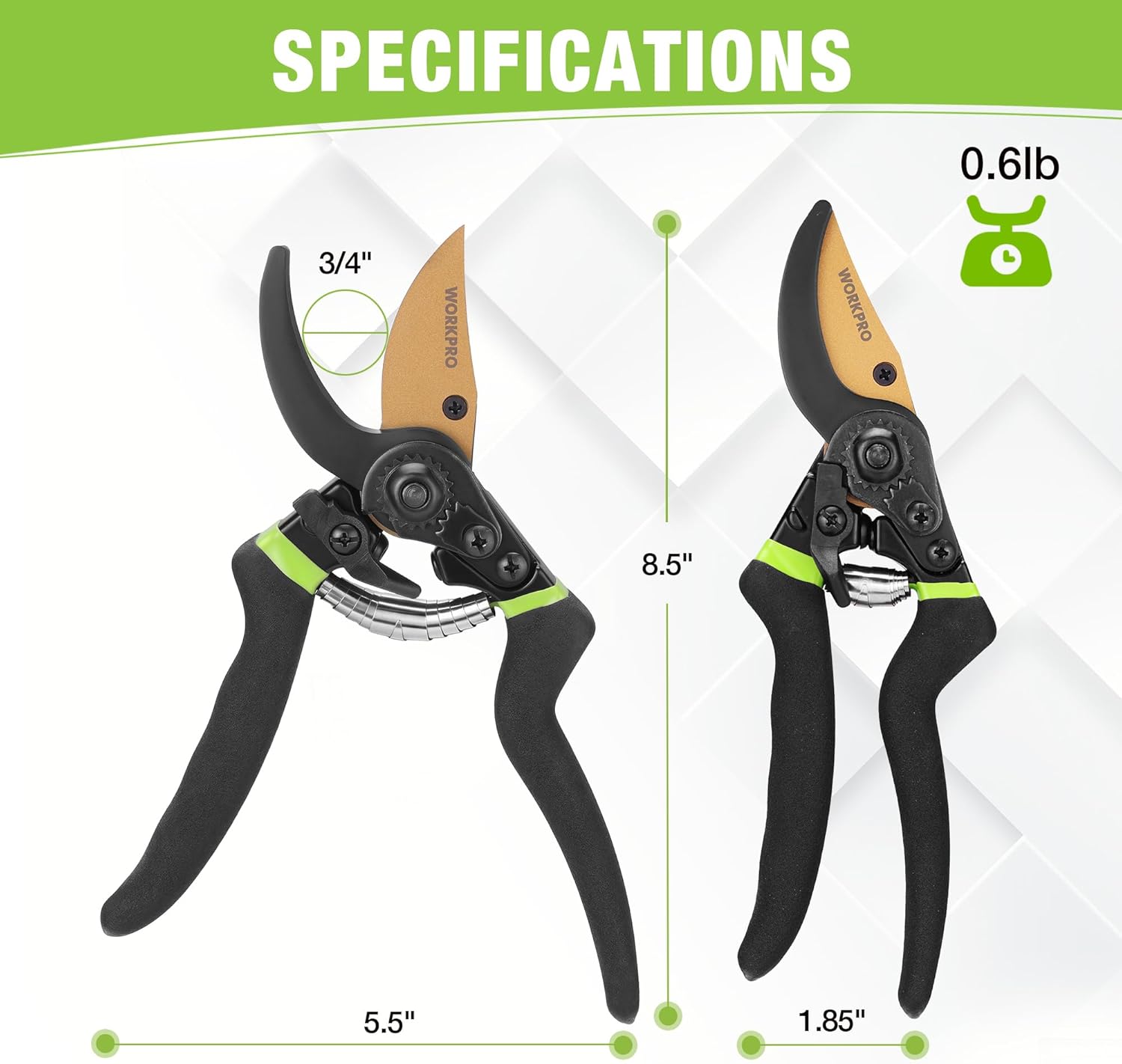Bypass pruning shears with tan SK5 blade, black handles, and green accent grips
