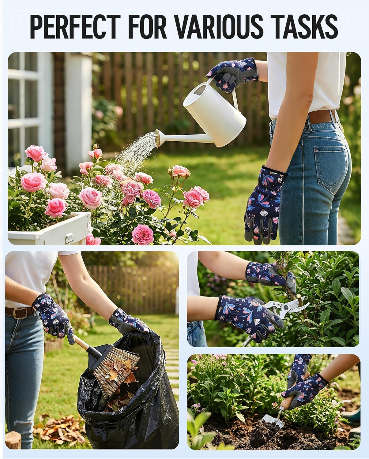 Gardening gloves for outdoor tasks, navy floral print with gray non-slip grip