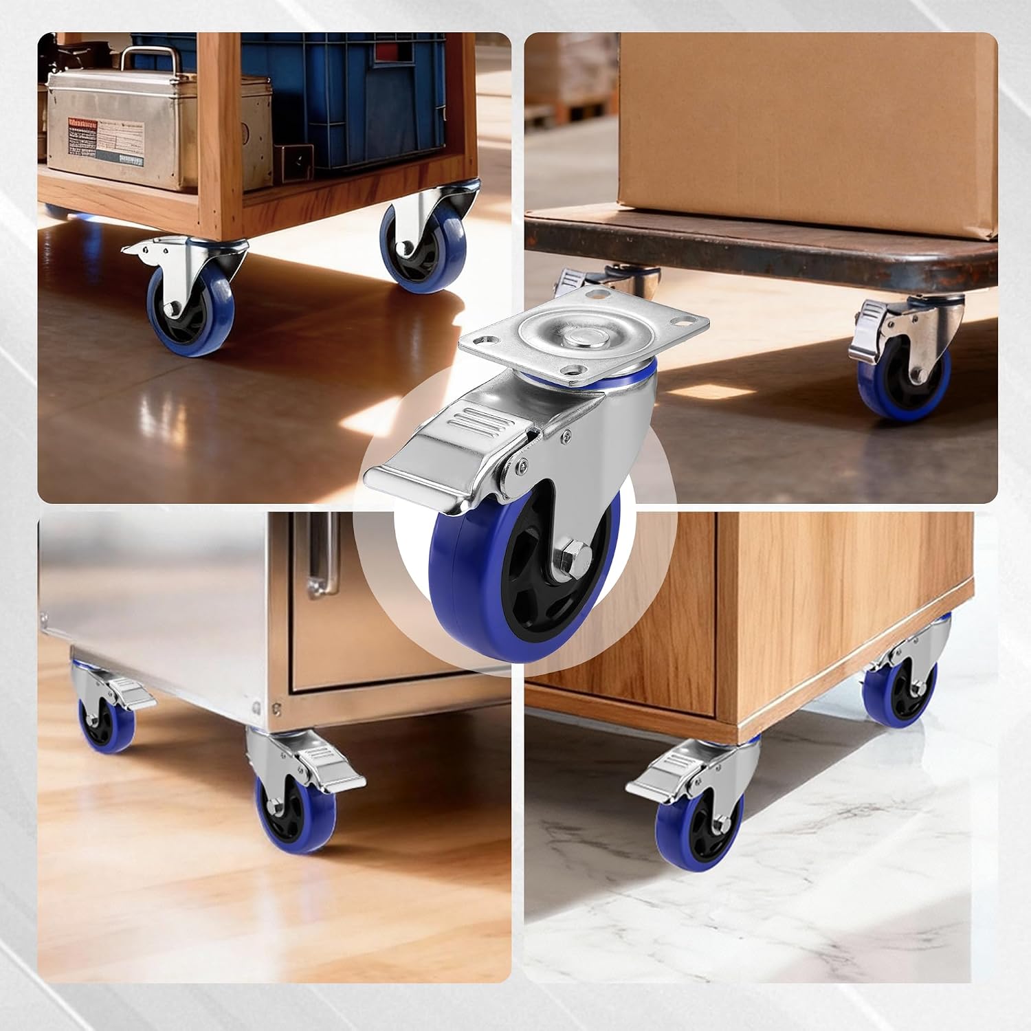 Four swivel casters with brakes mounted under furniture, blue PU wheels on steel